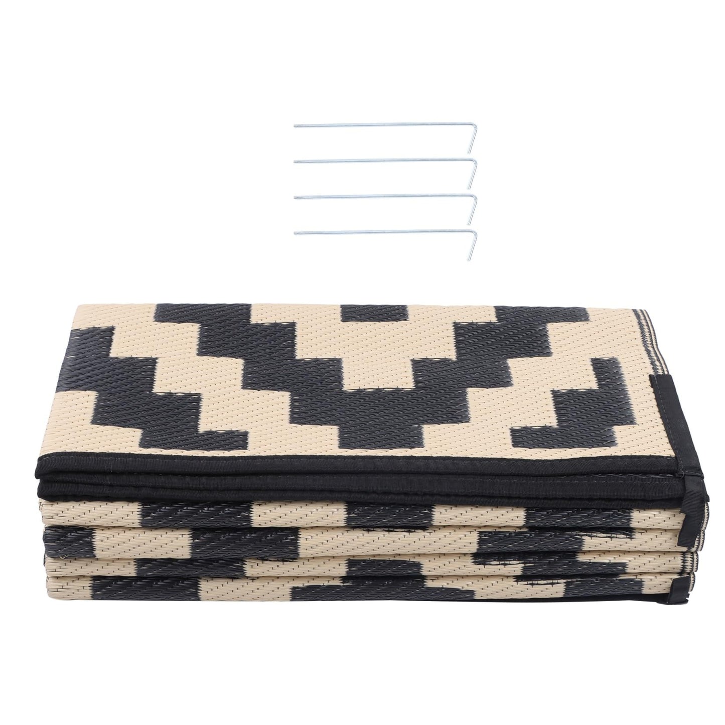 findmall 8x10FT Outdoor Carpet, Plastic Straw Camping Rug, Large Floor Mat and Rug for Outdoors, Modern Area Rug, for Backyard Deck Bench Picnic Campe, Black Beige