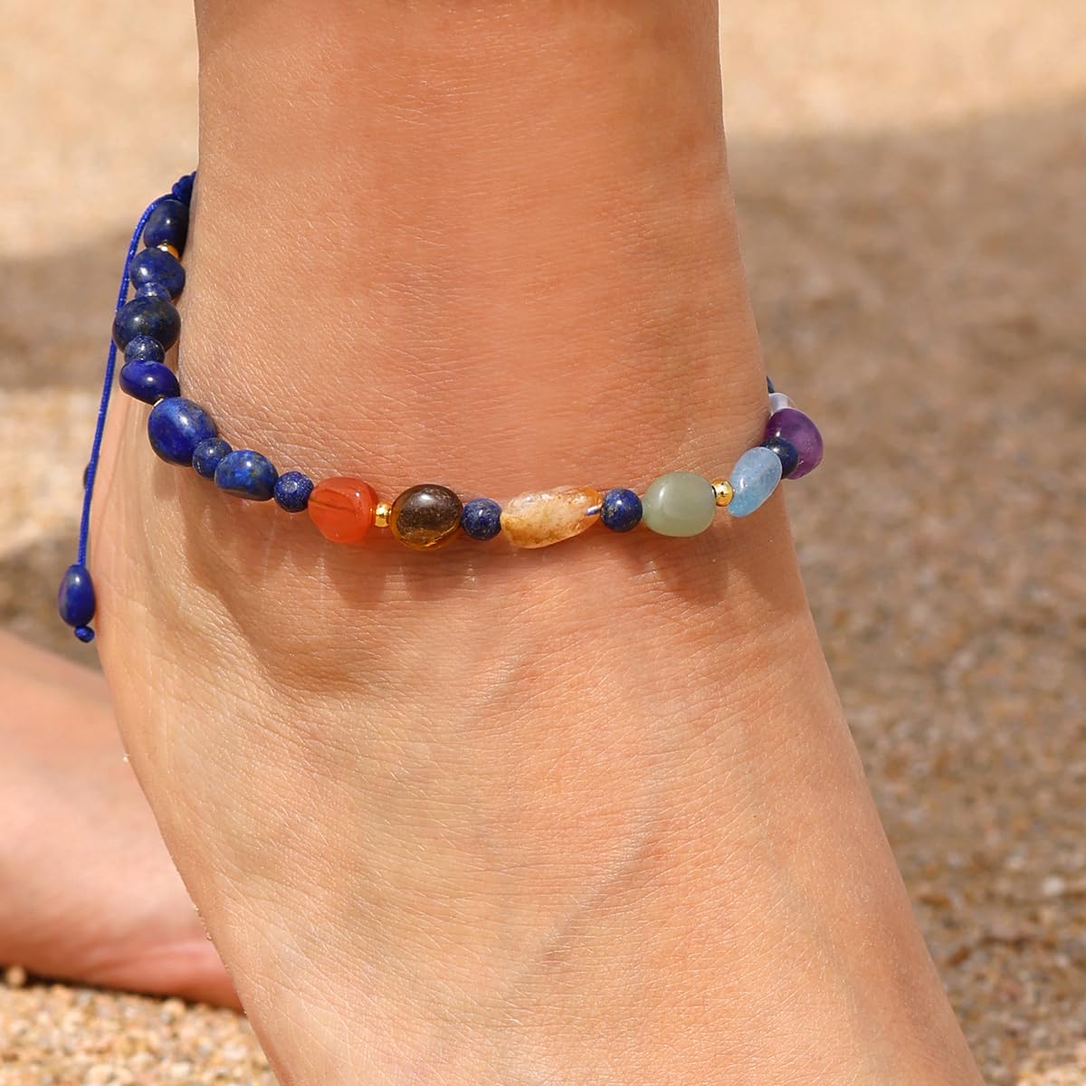 Jewever 7 Chakra Crystals and Stones Anklet Irregular Tumbled Gems Beaded Ankle Bracelets for Women Spiritual Energy Meditation Yoga Healing Jewelry Mom's Gifts (Lapis Lazuli)