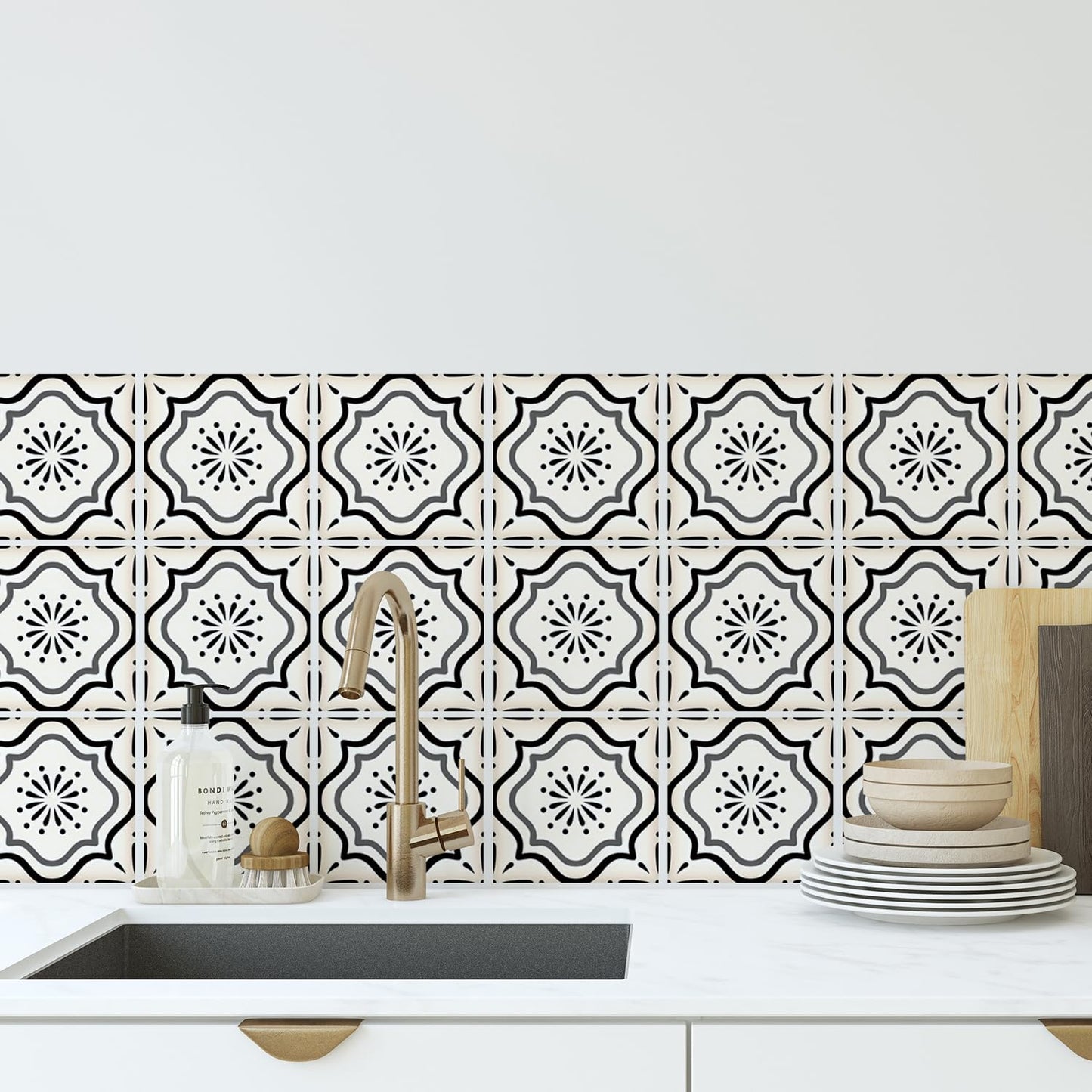 30 Count Moroccan Tile Decals 4 in – Self Adhesive Vinyl Wall Stickers, Waterproof Peel & Stick for Kitchen Backsplash, Bathroom, Stair Tread Accent, Neutral Tan/Black (Black)
