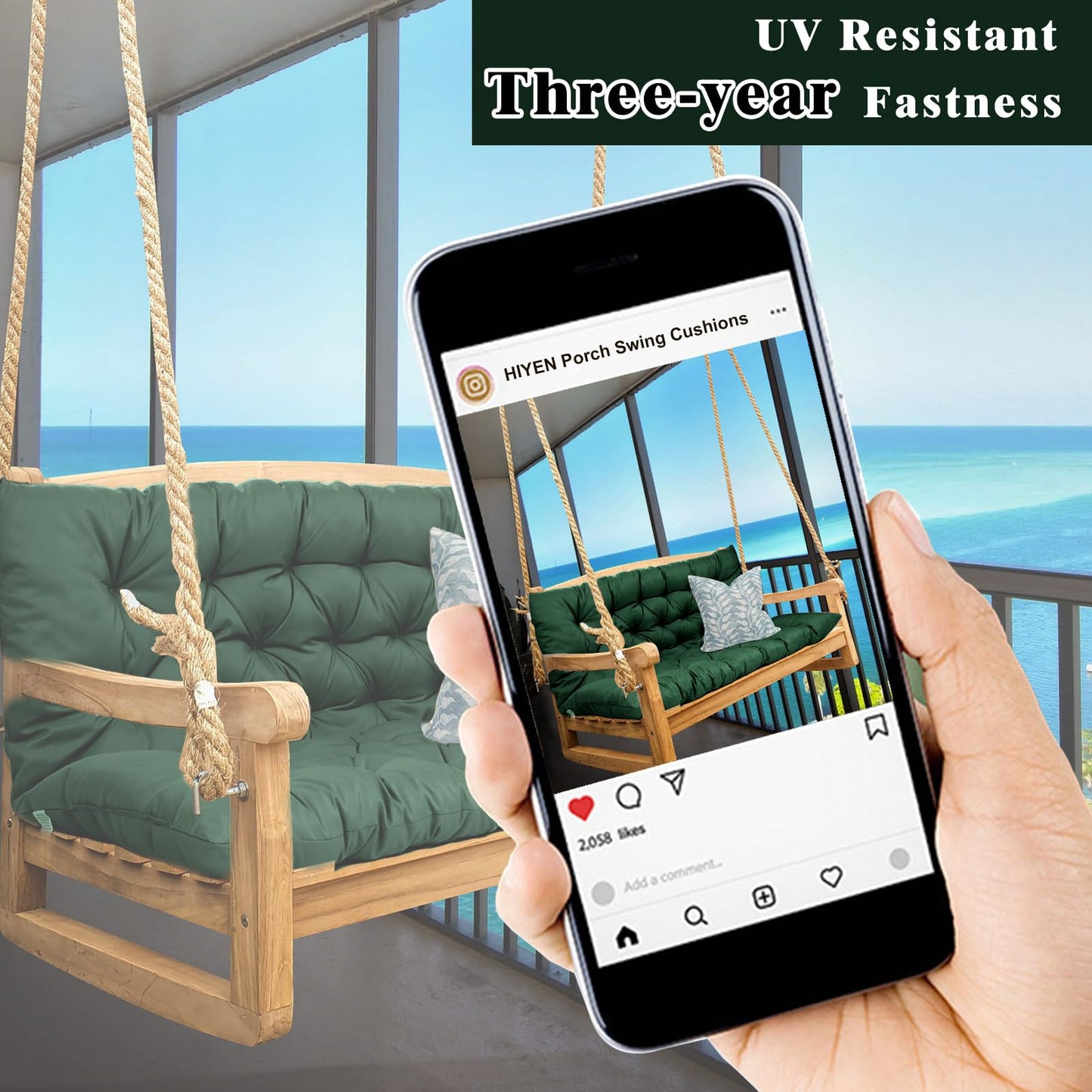 HIYEN Porch Swing Cushions 3 Seater Replacement, Waterproof Bench Cushions for Outdoor Furniture with Backrest, 4" Thickened Patio Swing Cushion with Ties (Dark Green, 60 * 40 inch)