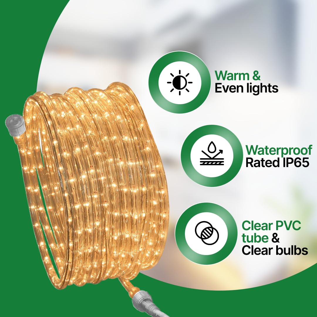Tupkee Rope Light Warm Clear - 24 Feet (7.3 m), for Indoor and Outdoor use - 10MM Diameter - 288 Clear Incandescent Long Life Bulbs Decorative Rope Tube Lights - Pack of 2