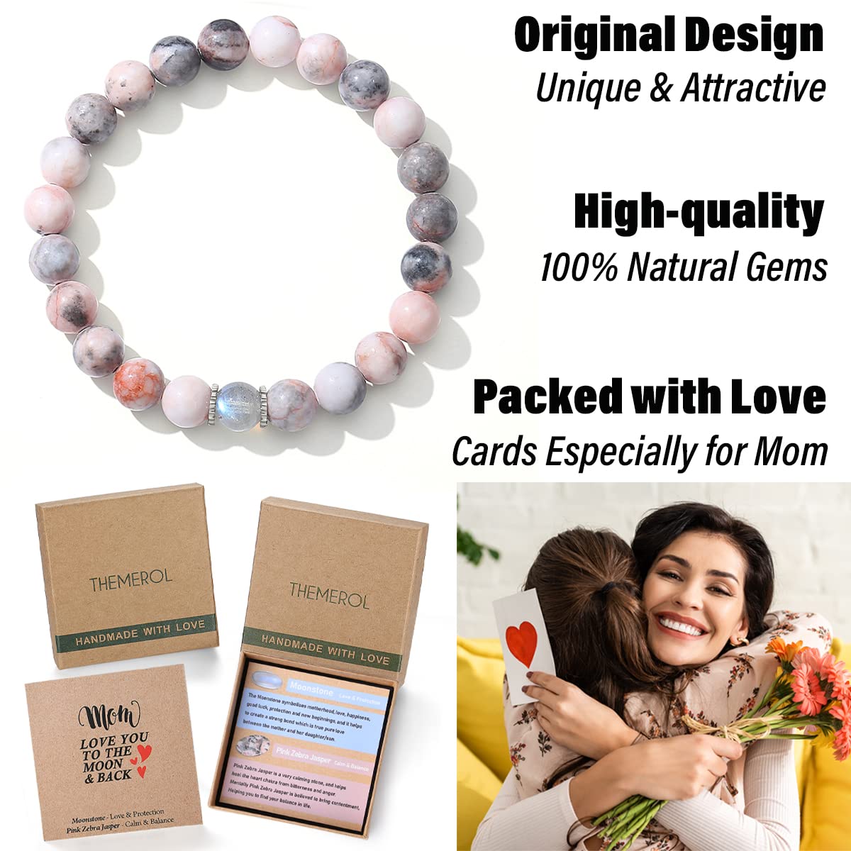 THEMEROL Mothers Day Gifts for Mom from Daughter Son Women Birthday Cards Great Presents Her Moonstone Bracelet Best Mama Personalized Unique Handmade Easter Stuffers Christmas Stocking Valentines