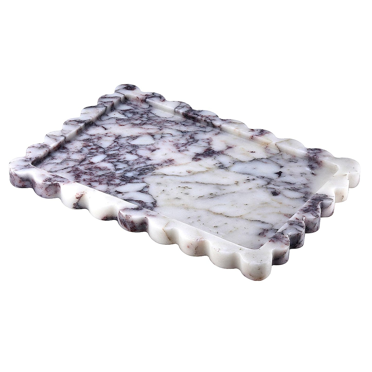 PebblePure 14" x 10" Large Genuine Calacatta Viola Scalloped Marble Tray, Pre-Sealed for Stain & Water Resistance, Luxury Decorative Trays for Vanity, Bathroom, Dresser, Coffee Table, Home Decor
