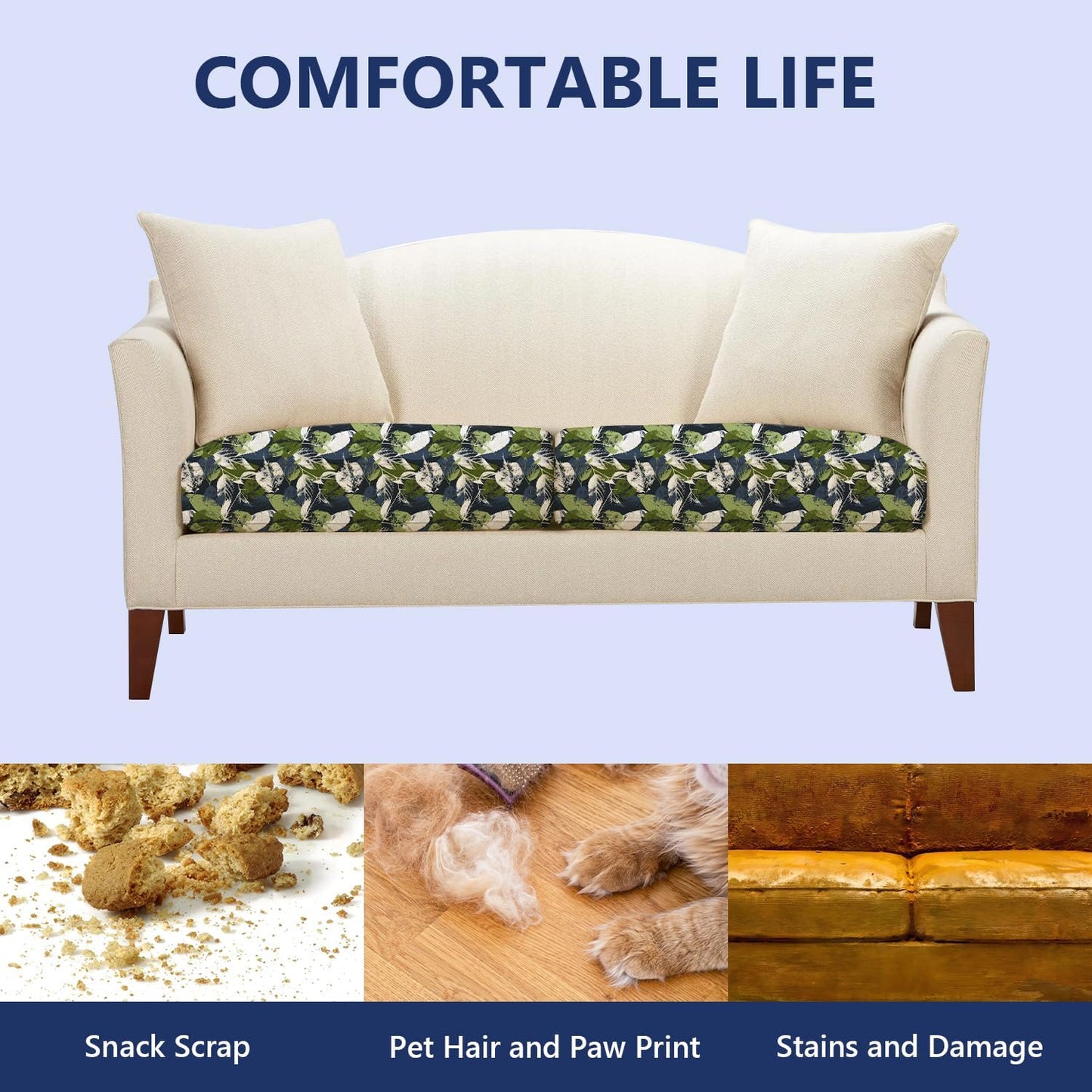 THISFIND Decorative Couch Cushion Cover – Leaf Patterned Slipcover for Sofa Seat Pads – Soft, Durable & Washable Fabric – Stretch Fit Couch Cushion Protector,Small (Green & Blue Leaves Design)
