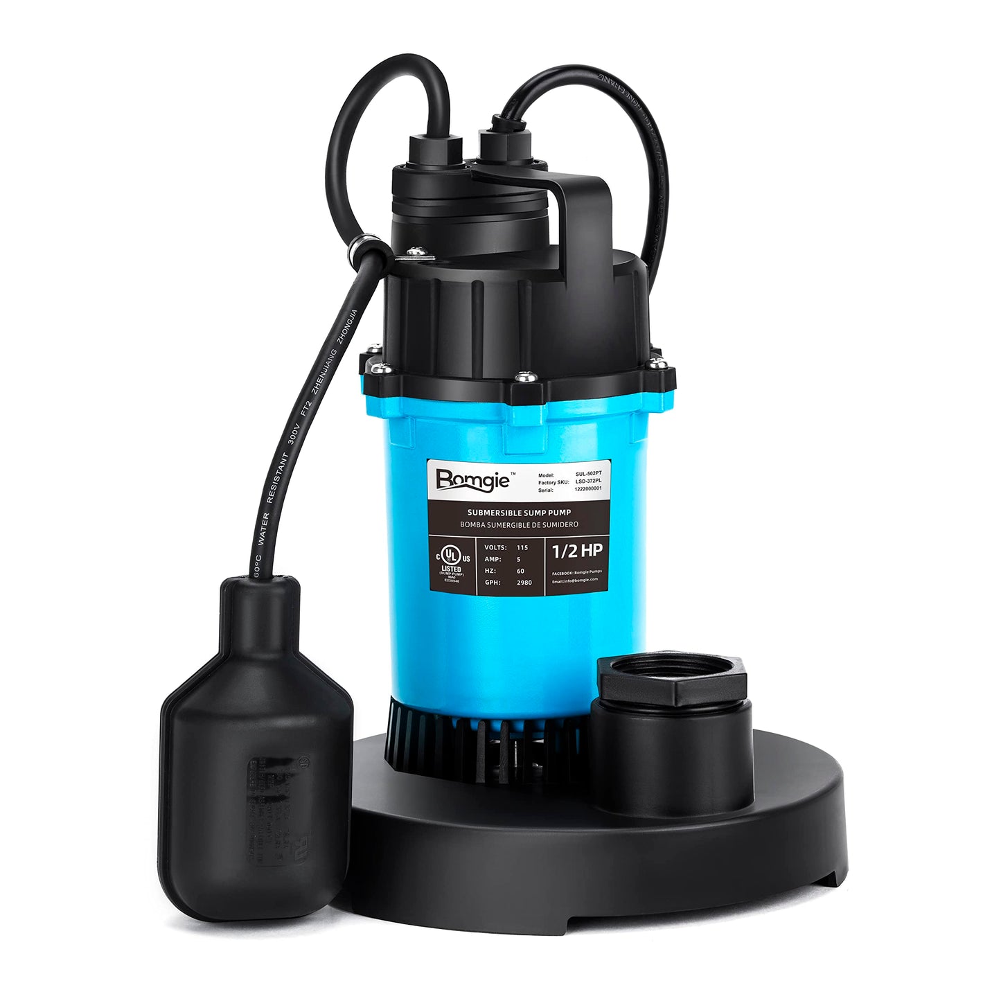 BOMGIE 1/2HP Sump Pump 2980GPH Submersible Water Pump with Automatic Float Switch, Clean/Dirty Water Utility Pump for Pool Draining, Basement Flooding, Irrigation with 10ft Power Cord