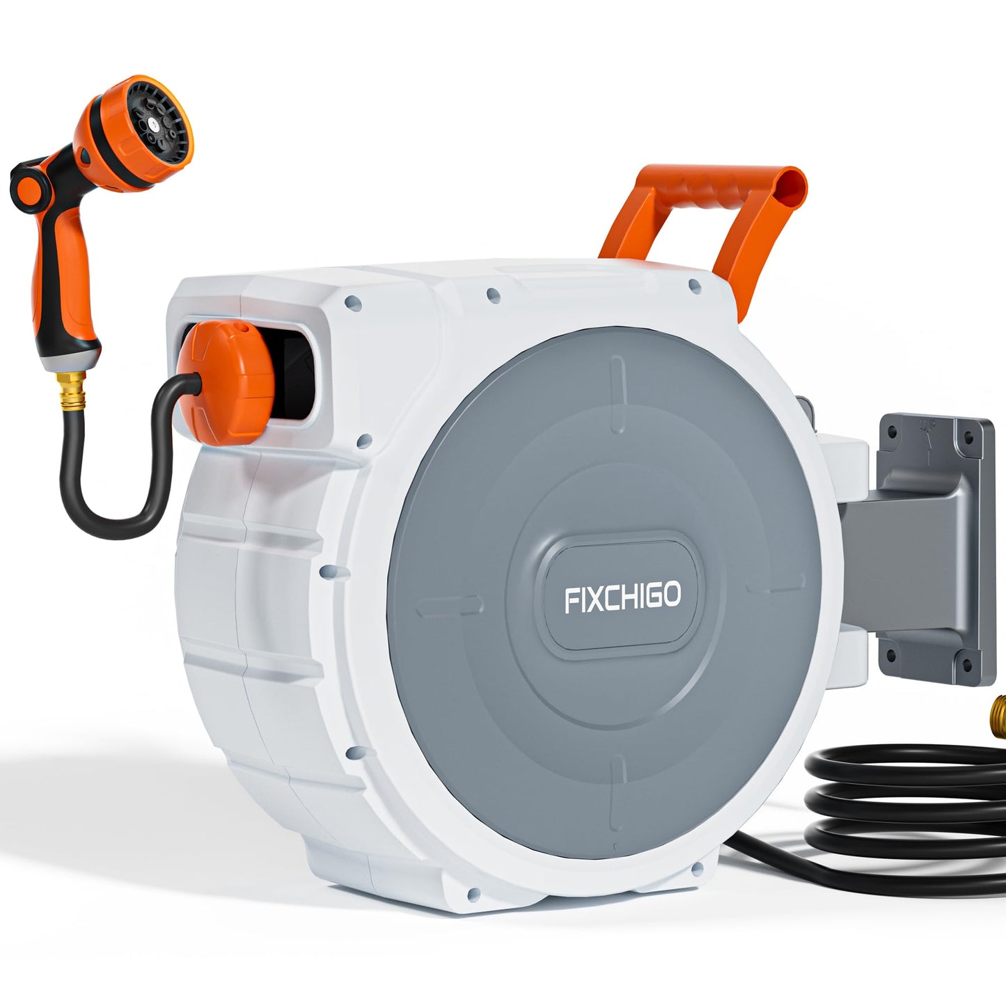 FIXCHIGO Retractable Hose Reel 5/8" x 100 FT, Heavy-Duty Garden Hose with Aluminum Bracket & Brass Seal, 10-Pattern Nozzle, Auto Rewind & Any-Length Lock, 180 Swivel, Wall Mount for Yard Lawn Patio