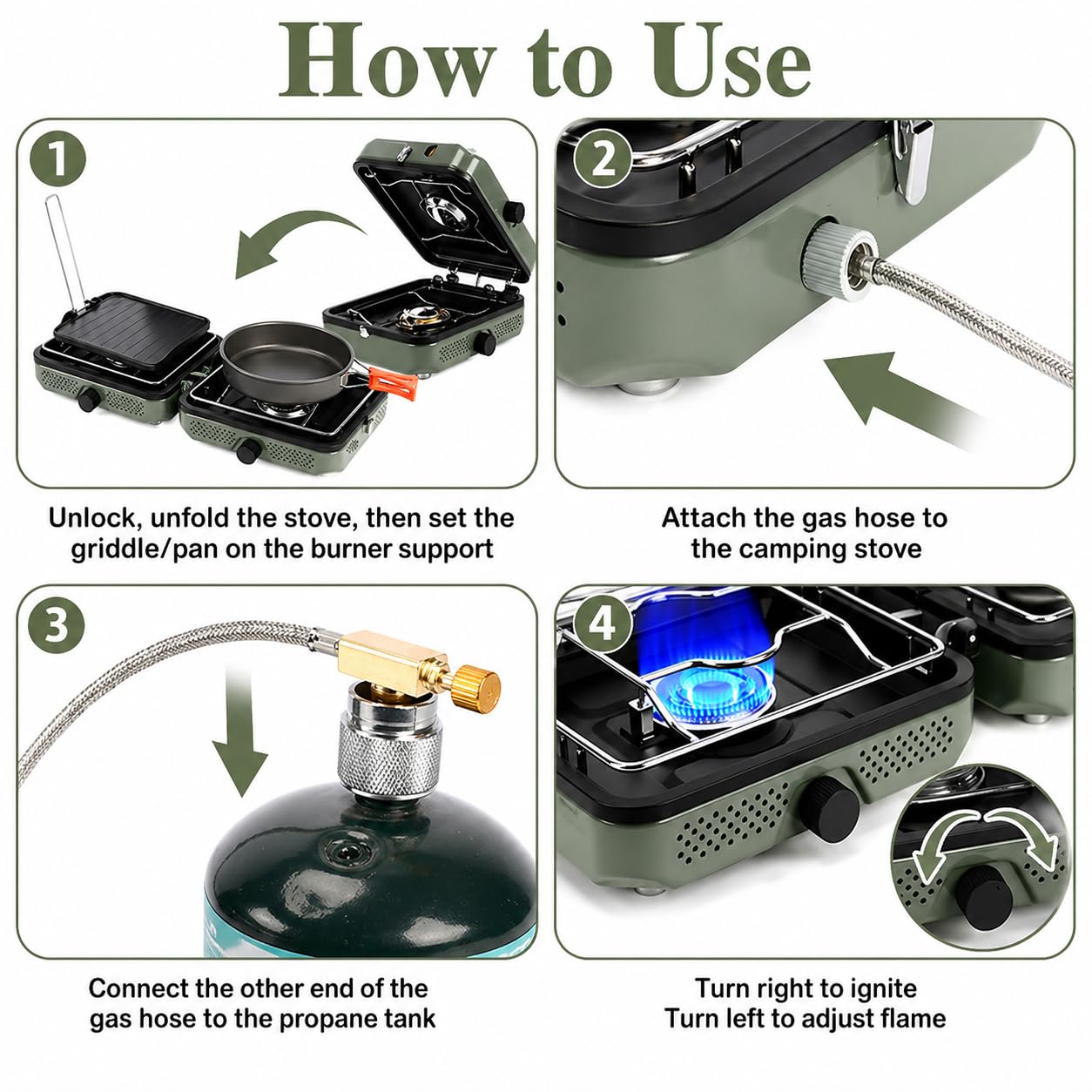 Hisencn 2 Burner Propane Camping Stove, 30000 BTU Foldable Portable Gas Stove with Cookware Set & Carry Bag, Outdoor Cooking for Camping, RV, Emergency Use, Green