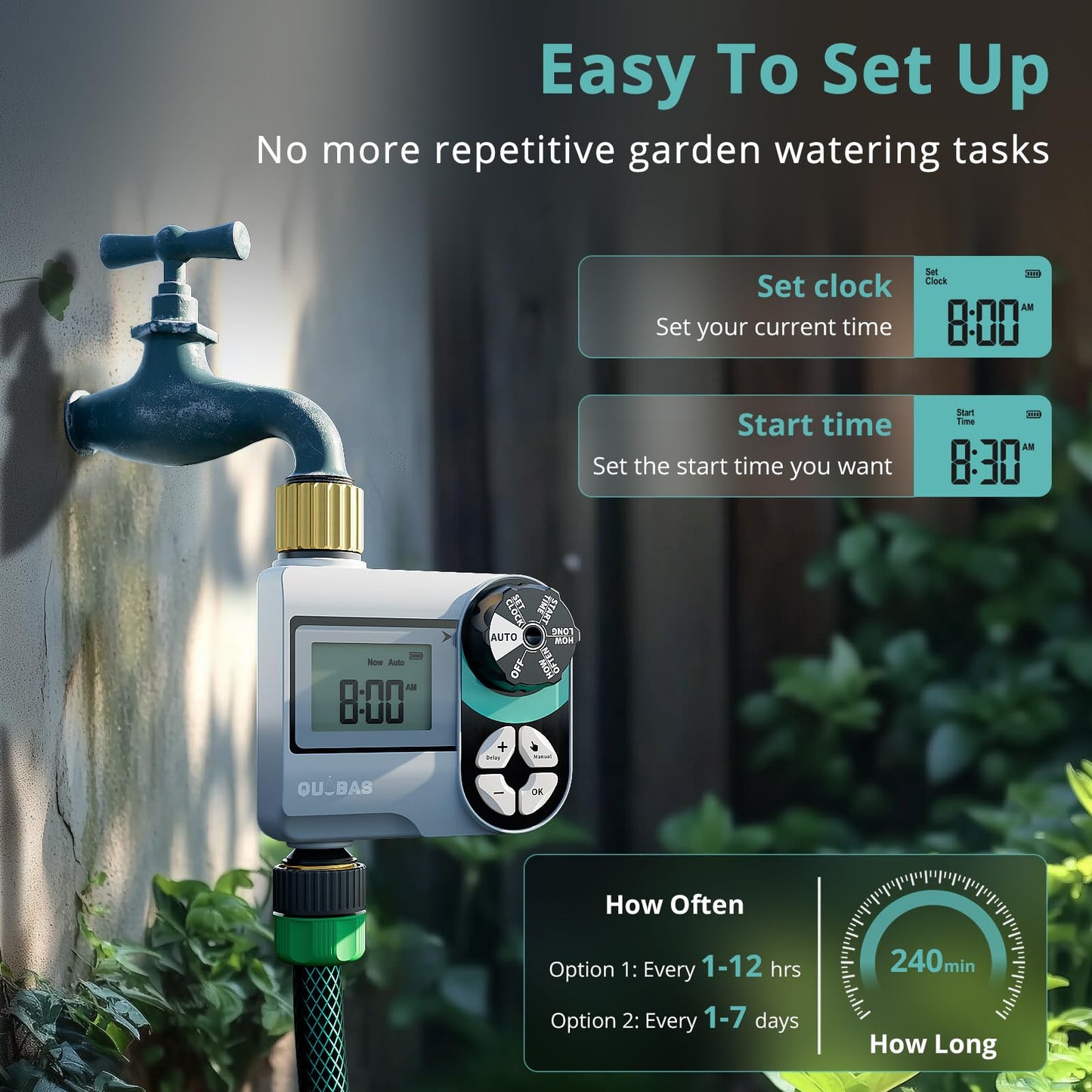 QUOBAS Brass Sprinkler Timer, Programmable Water Hose Timer for Garden Hose Faucet with Waterproof HD Screen, Rain Delay/Manual/Automatic Irrigation Watering System for Garden, Lawn, Yard