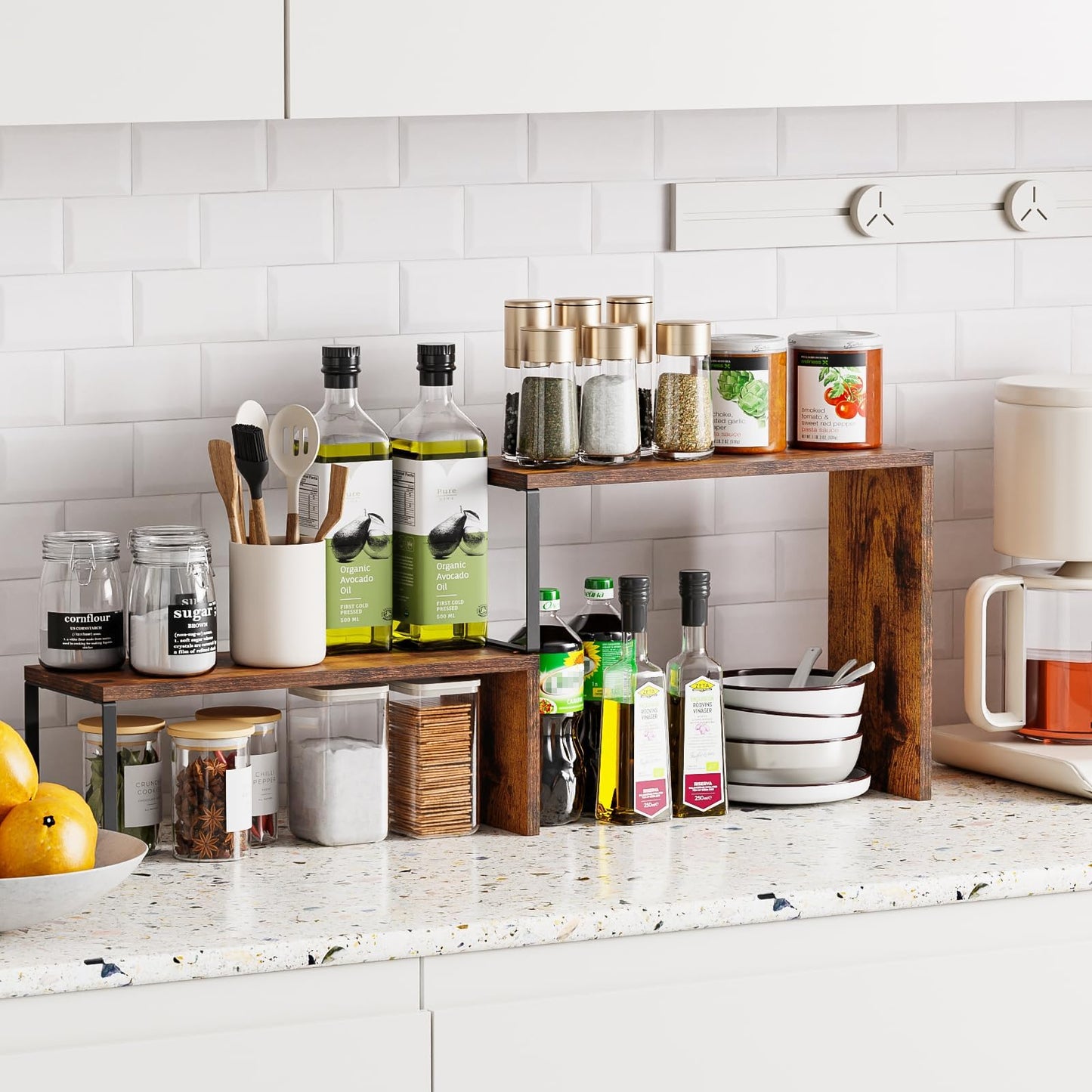 Vfelf Kitchen Countertop Organizer, Spice Rack Cabinet Organizer Shelf Stackable Counter Corner Shelves Organization and Storage for Pantry, Counter top, Coffee Station Wood Rustic Brown