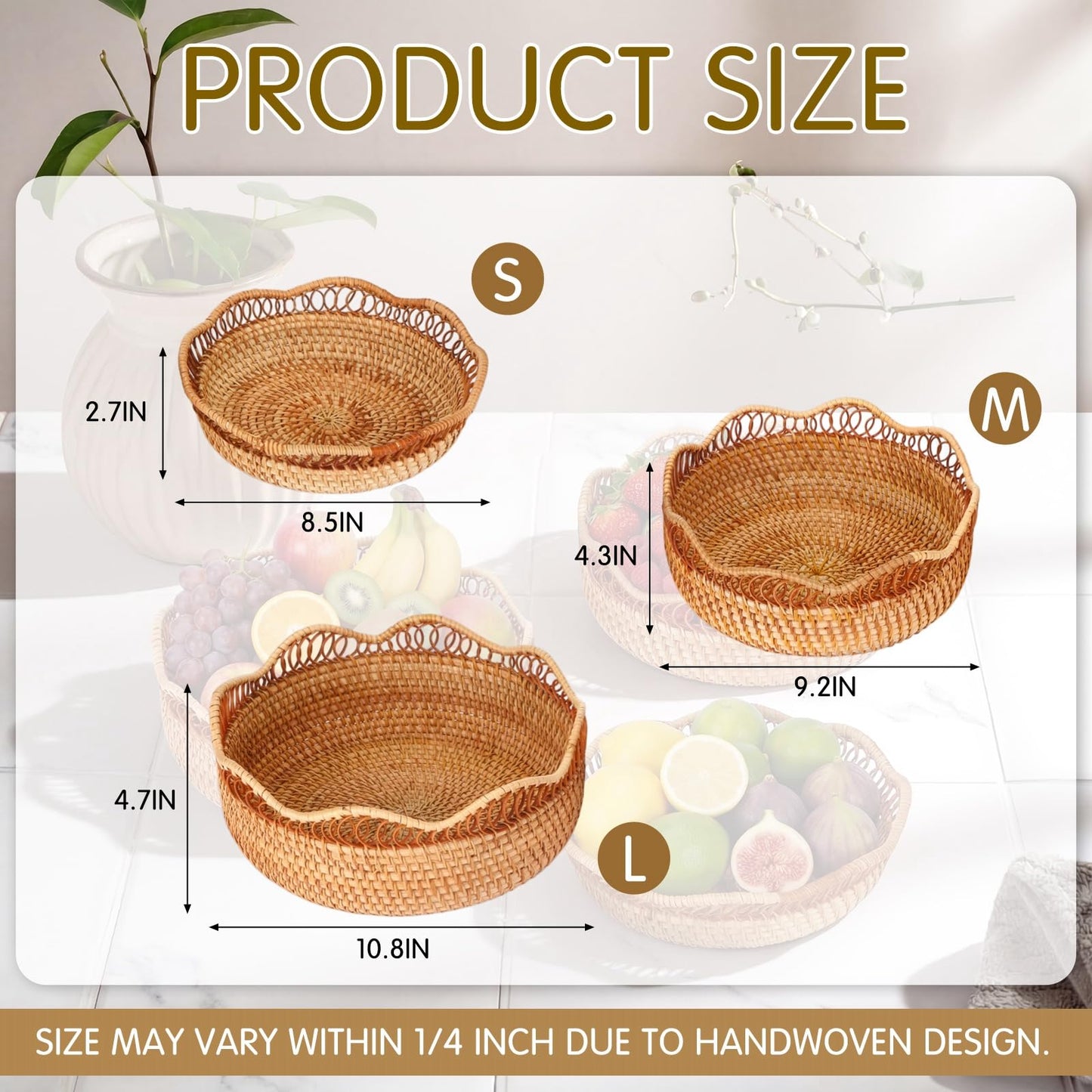 Teecyhooo Set of 3 Rattan Bread Basket for Serving Wicker Bread Basket Woven Round Fruit Serving Bowl Natural Handmade Food Storage Bowl Wavy Edge Tray Boho Decorative Tray for Kitchen Counter Decor