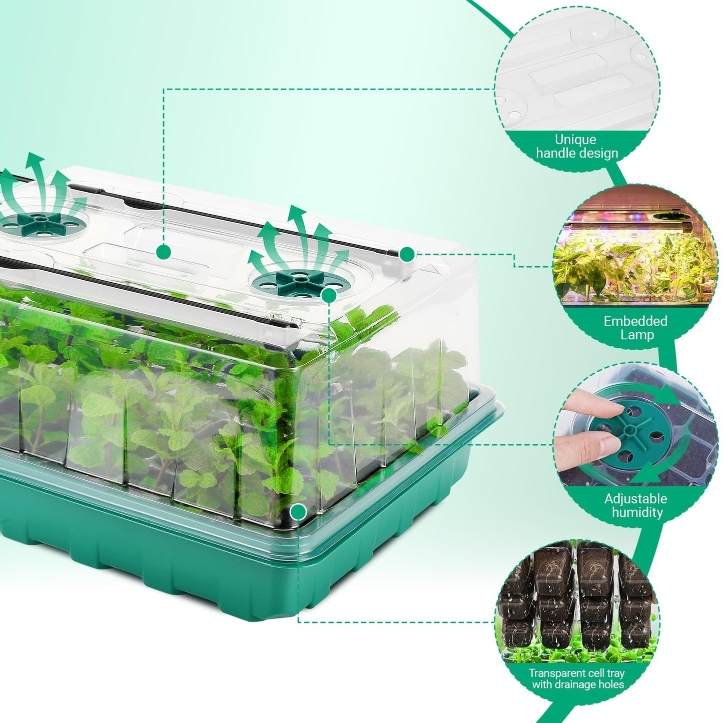 96 Cell Seed Starter Tray with Grow Light, Seed Starting Trays with Adjustable Humidity Dome, Seed Starter Kit Plant Starter Kit for Seeds Growing Starting, Indoor Gardening (No Self-watering)