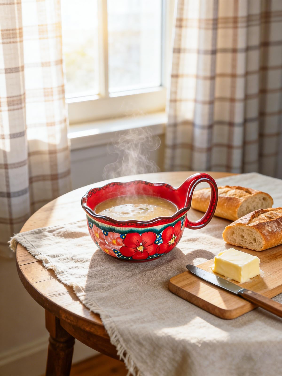 silesia Handmade Ceramic Soup Bowl with Spoon, 30 Oz Hand Painted Bowl with Loop Handle, Floral Design Cereal Bowls for Soup, Ice cream, Snack, Microwave & Dishwasher Safe (Glazed Red)