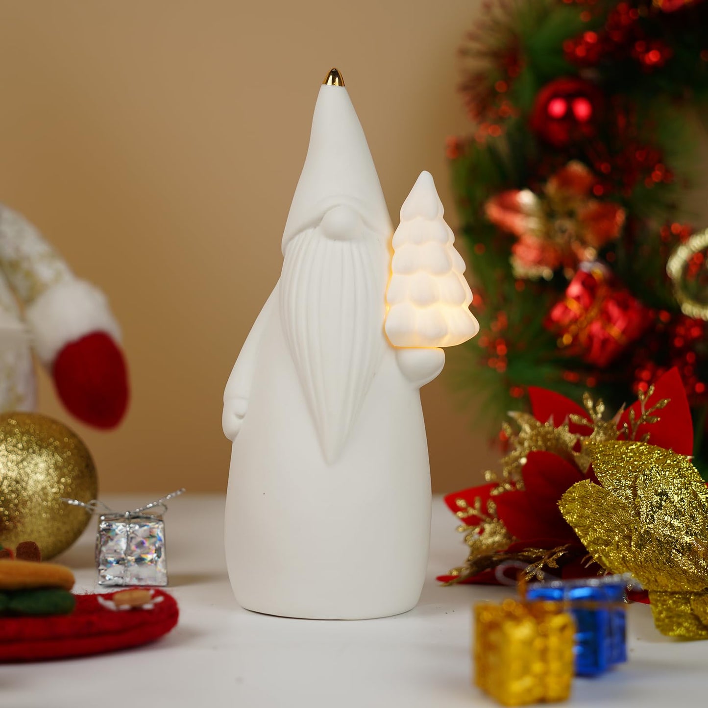 Luxstyra White Ceramic Gnome Figurine with Christmas Tree Lighted, 7.5" Christmas Gnome Decoration, Light Up Xmas Tree with Timer, Gnomes Gifts for Women, Sandinavian Xmas Decor for Tabletop Mantel