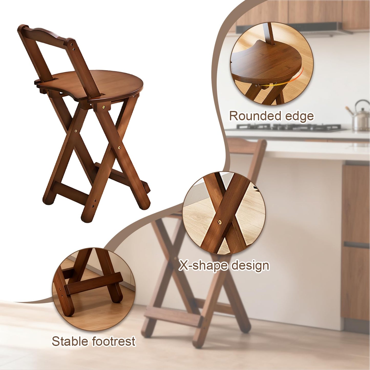 GENDLTHIJ Folding Bar Stool for Kitchen, Portable Wooden bar Stool, Foldable Bamboo Bar Stools Set of 1 for Home Kitchen Breakfast Counter (Brown) (Walnut Small)
