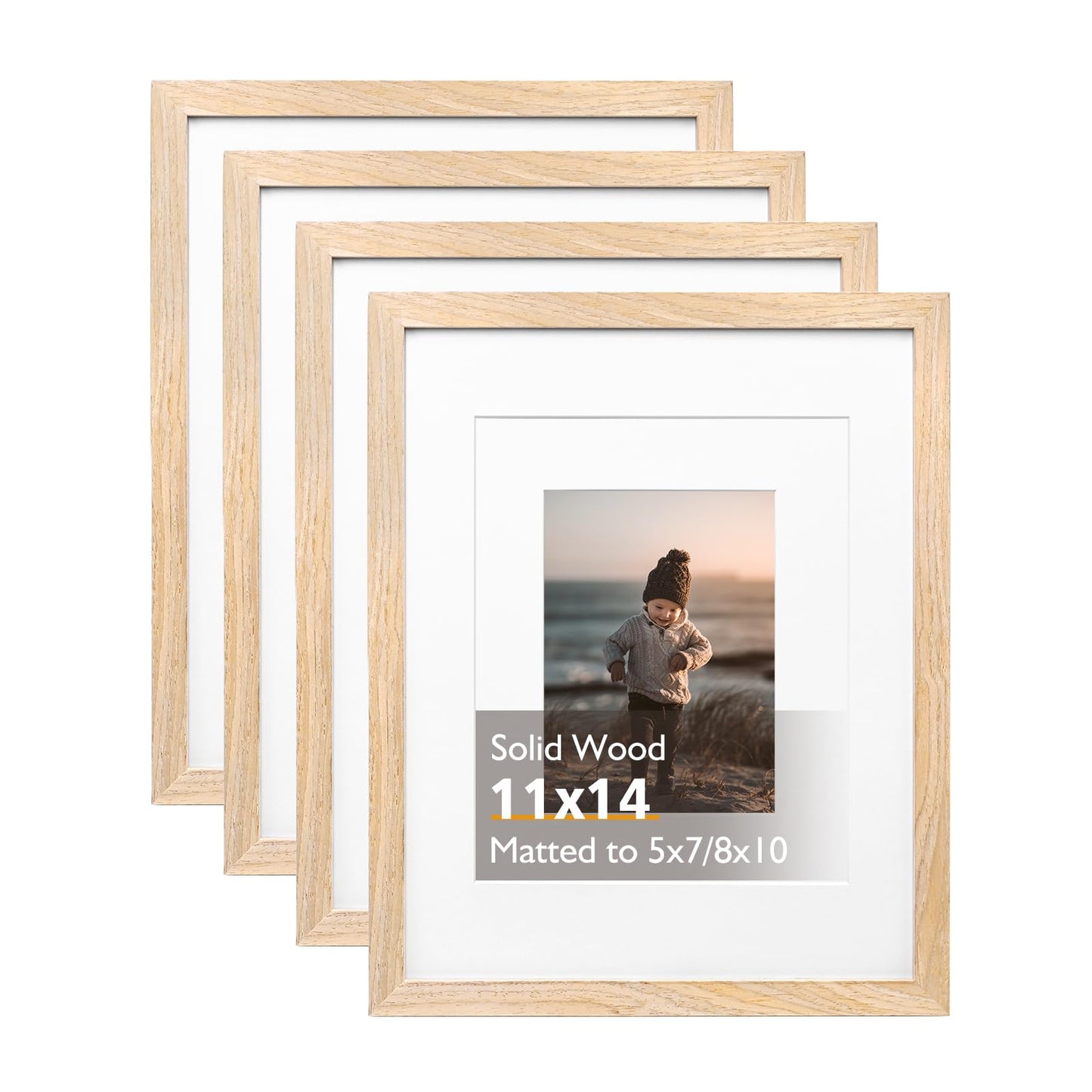 KINLINK 11x14 Picture Frame Natural, Solid Wood Frames 14x11 with Acrylic Plexiglass for Pictures 5x7/8x10 with Mat or 11x14 without Mat, Tabletop and Wall Display Photo Frame Set of 4