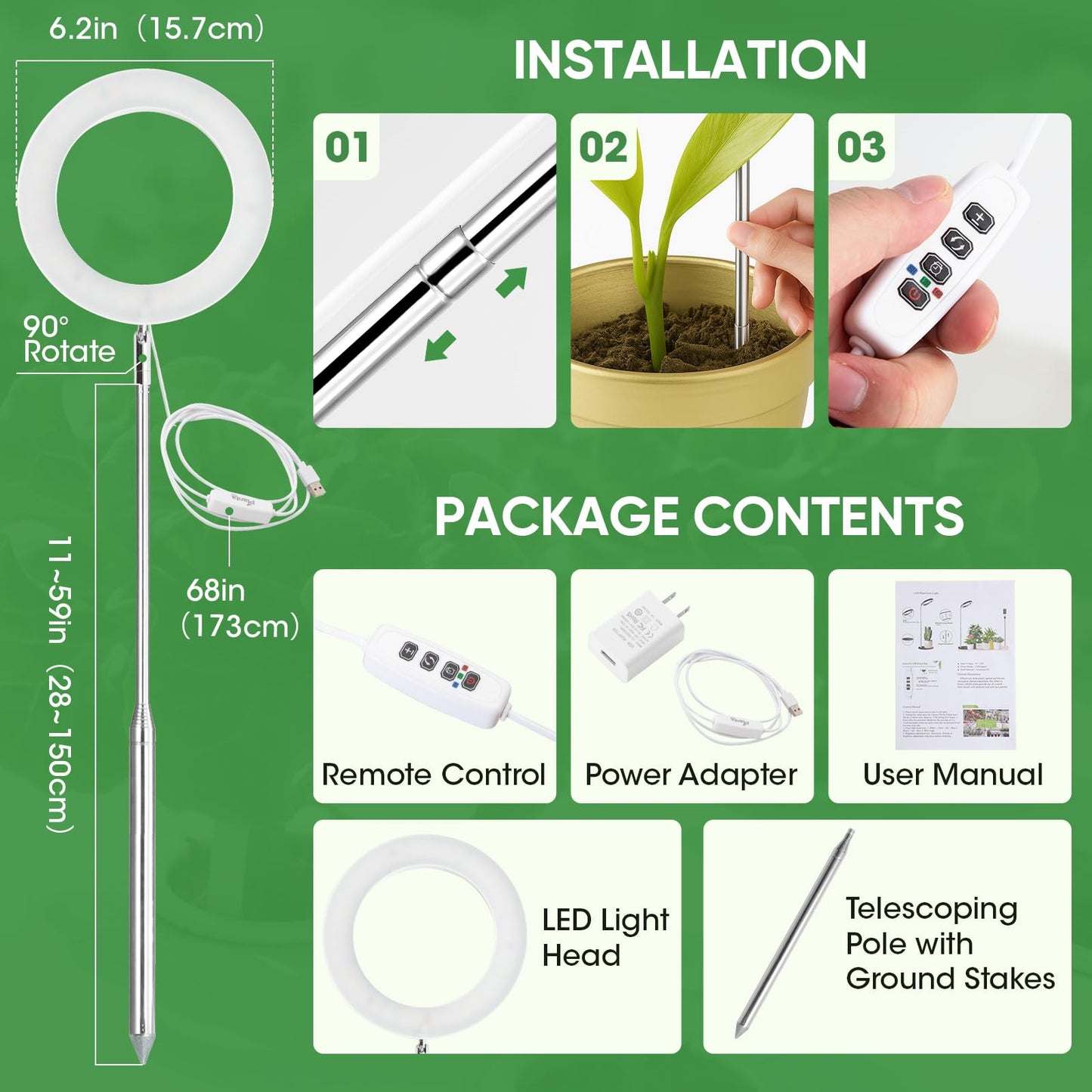 PlantaPulse Grow Lights for Indoor Plants, 72 LED 6500K Full Spectrum, 59in Tall Plant Light, 3 Color Grow Lamp with Rotating Gooseneck, 8/12/16H Timer, 10 Brightness Levels, Height Adjustable