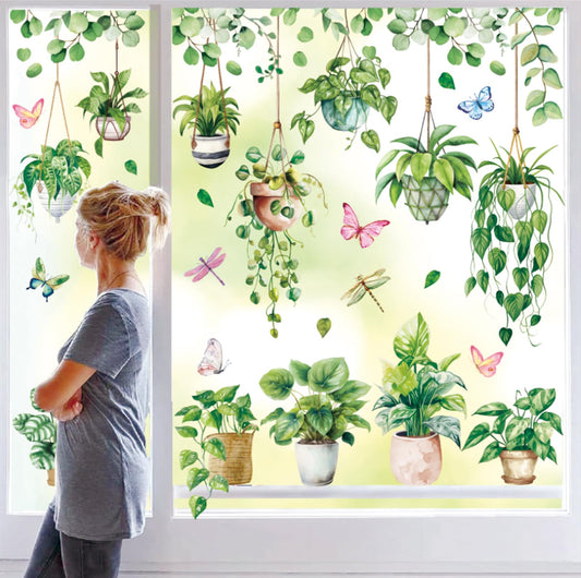 Whaline 6 Sheet Spring Summer Potted Plant Window Clings Hanging Vine Plant Eucalyptus Leaves Reusable Window Decals for Home School Office Party Supplies