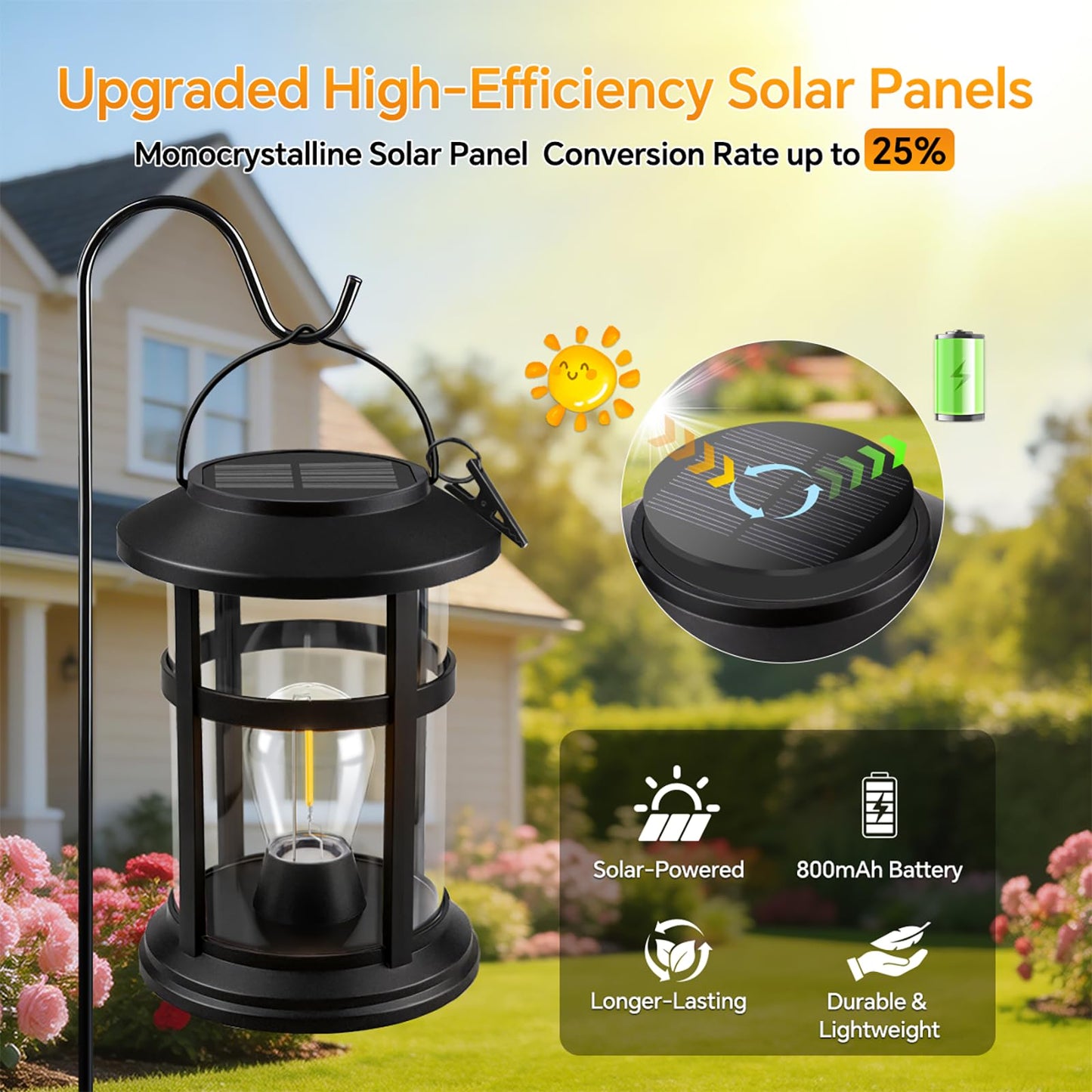 Solar Lanterns Outdoor Waterproof 2 Pack Hanging Solar Lights for Outside, 800mAh Bright LED Upgraded Solar Powered Lanterns Lighting for Yard Garden Porch Pathway Lawns Decor Unique Gifts