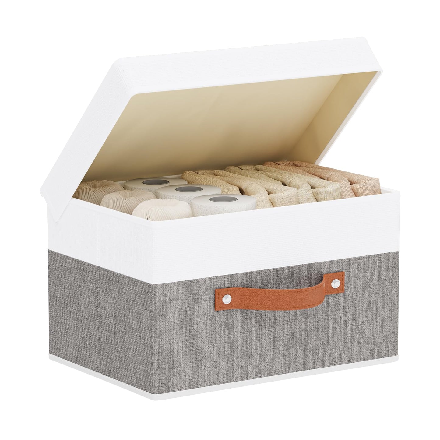 YheenLf Fabric Storage Bin, Storage Basket with Lids, Closet Organizer Box with Handles for Shoes Books Towels, White and Grey, 1 Pack, 13 x 9.1 x 7.9 Inch