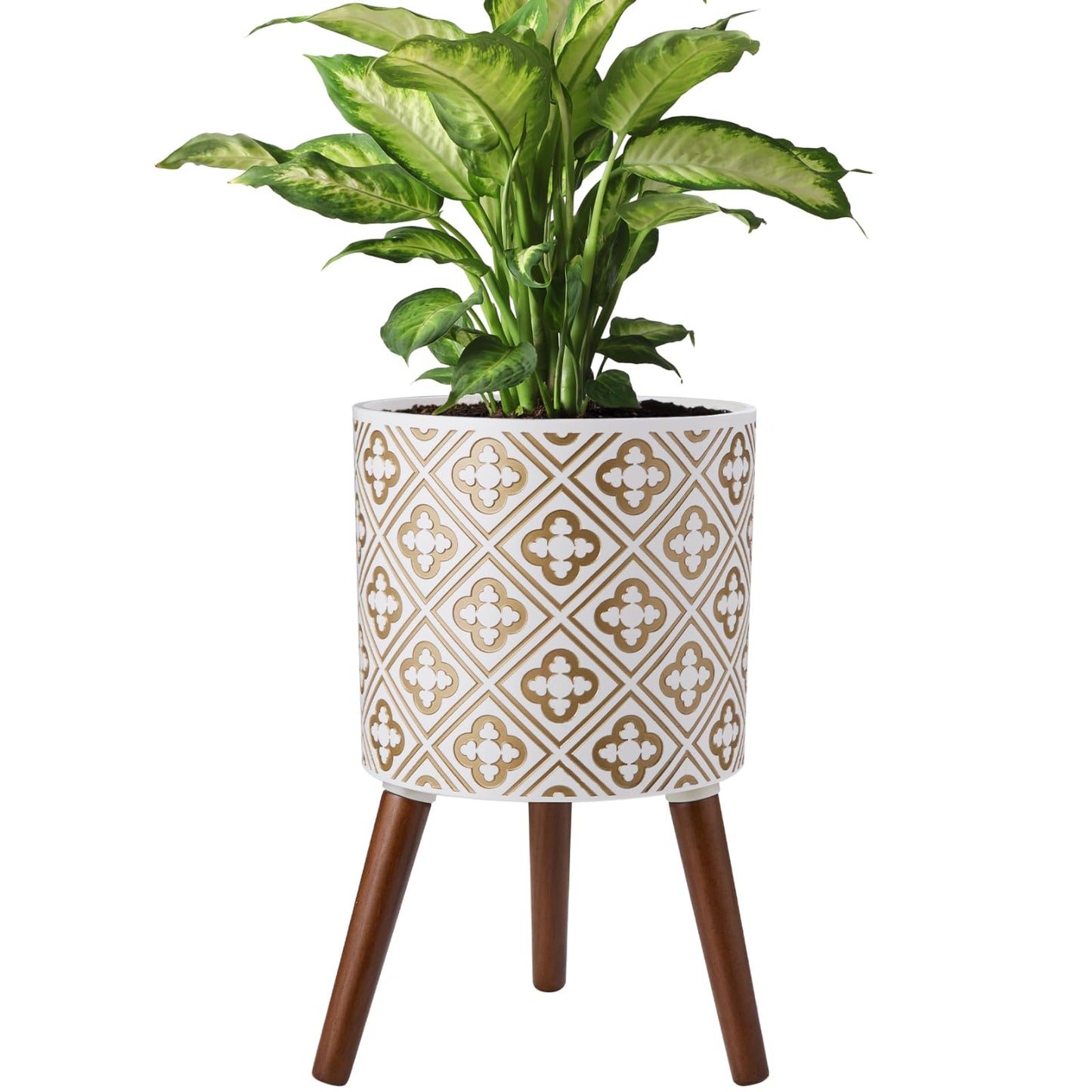 naclto 12 Inch Planter Pot with Stand,Plant Stand Plant Pot for Indoor Plants,Large Modern Flower Pots Indoor Outdoor with Drainage for Home Garden Patio, White and Gold