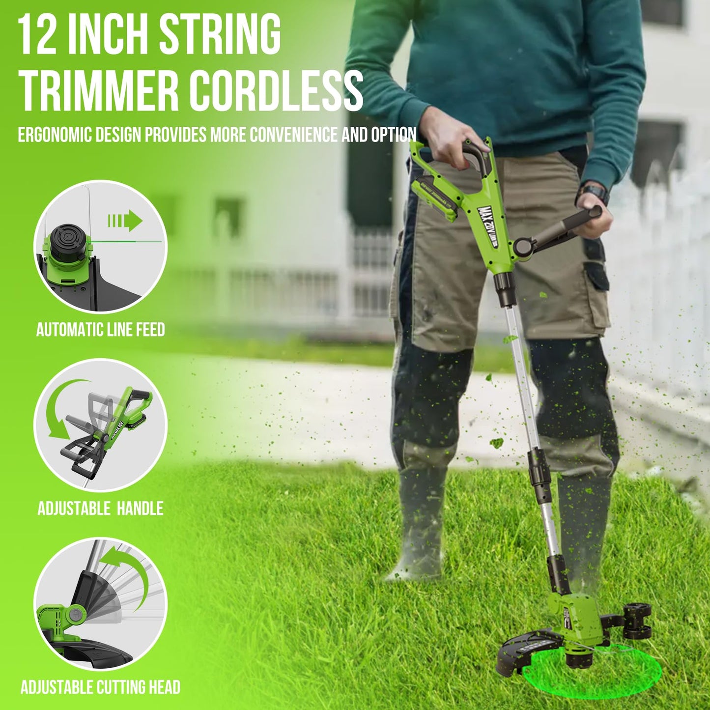VARSK 12 Inch 20V Cordless Weed Wacker with Automatic Line Feed, 2 in 1 String Trimmer and Edger, Includes 2 X 2.0Ah Batteries/1 X Charger/6 X Replacement Spools, Weed Eater for Lawn, Garden, etc