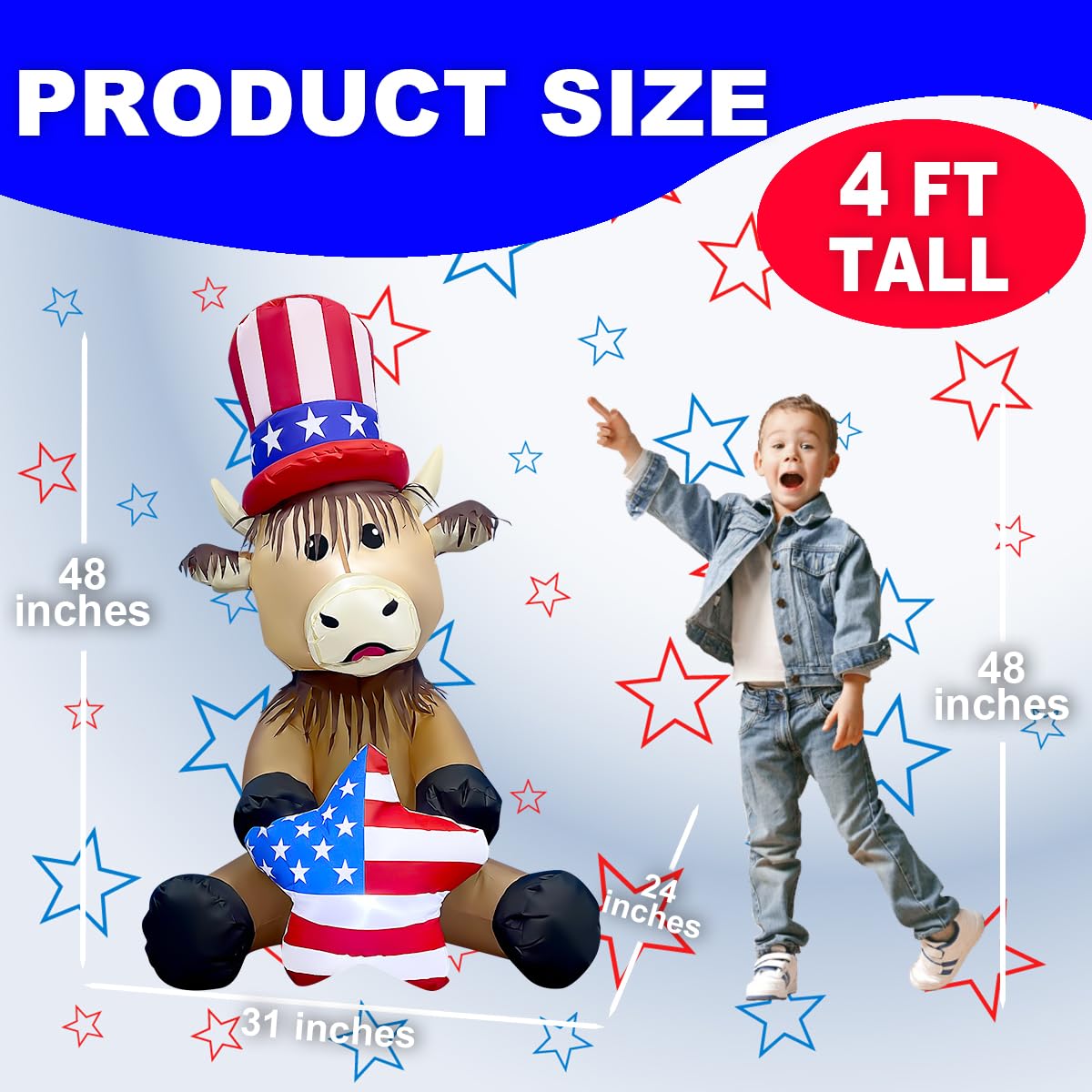 4FT Patriotic Independence Day 4th of July Inflatable Highland Cow Holding America Heart LED Lighted Blow Up Decoration Decor Home Yard Outdoor Indoor Decoration