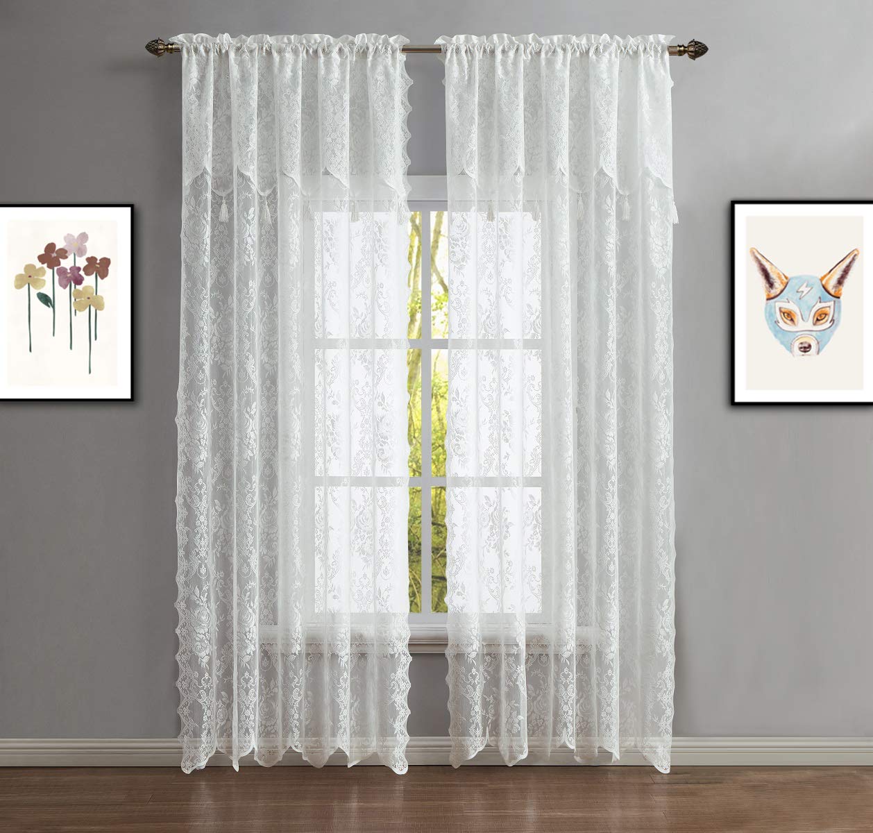 Warm Home Designs Pair of 2 Ivory Color Long Length 54” (W) x 96” (L) Semi Sheer Lace Curtain Panels & Attached Matching Valances with 6 Tassels. Classic Elegant English Rose Pattern. L Ivory 96”