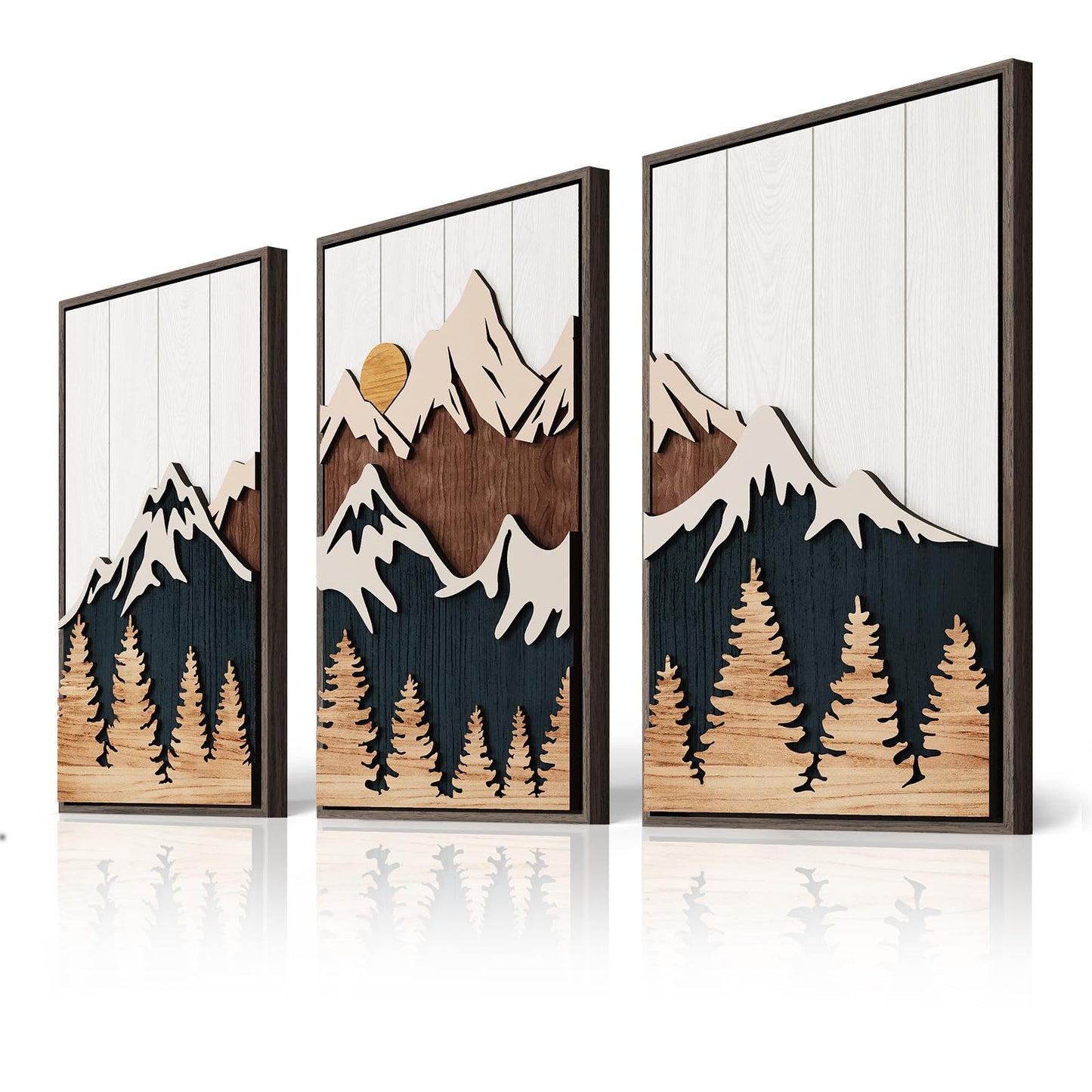 Framed Textured Wood Mountain Wall Art for Living Room, Large 3 Piece 3D Wood Farmhouse Artwork for Walls, Boho Landscape Mountain Forest Sun Wall Art Decor for Bedroom Office Hallway, 24x36 Inch