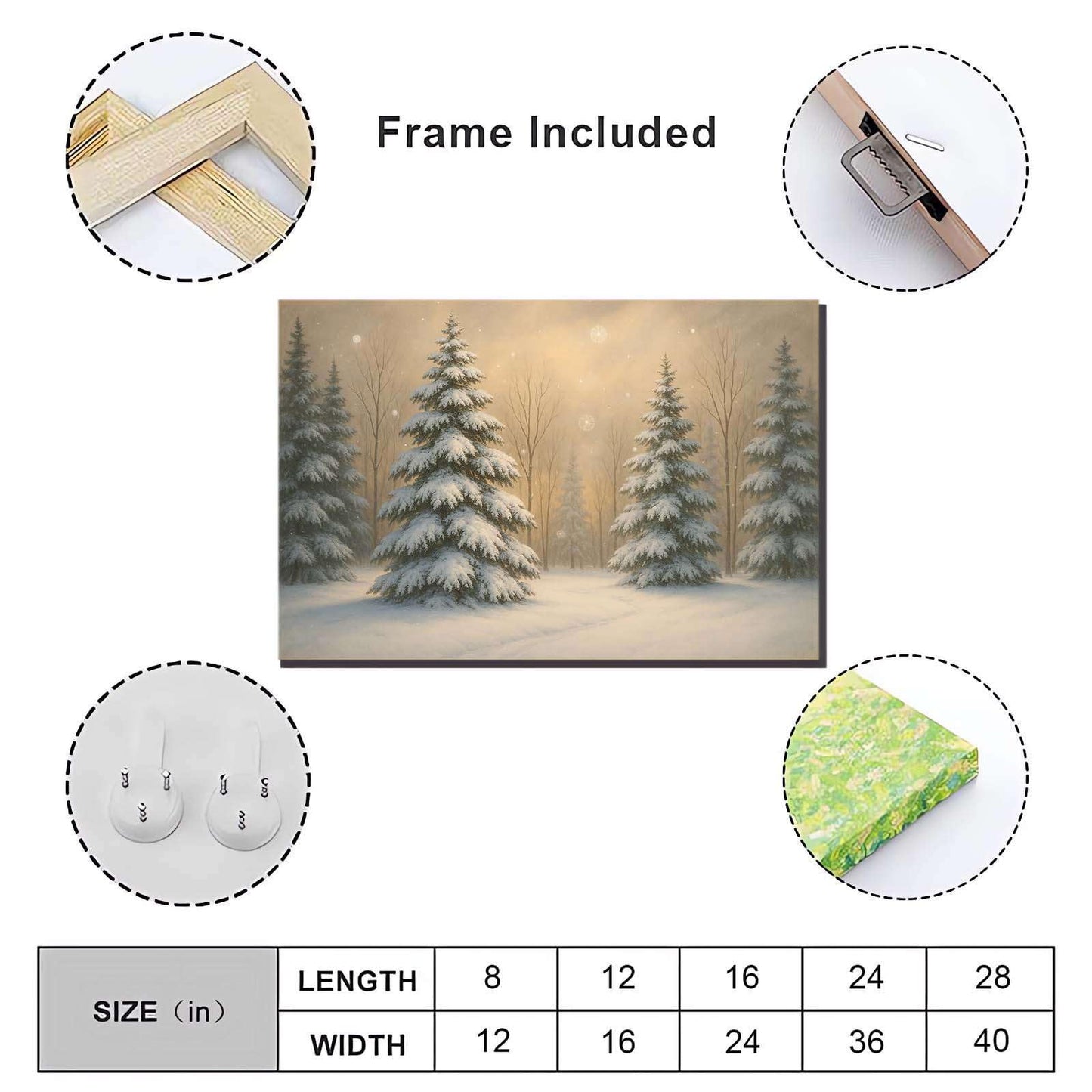 Framed Canvas Wall Art Vintage Winter Christmas Trees Landscape Poster Farmhouse Christmas Neutral Snowy Painting Holiday Evergreen Art 28x40in Wood Framed