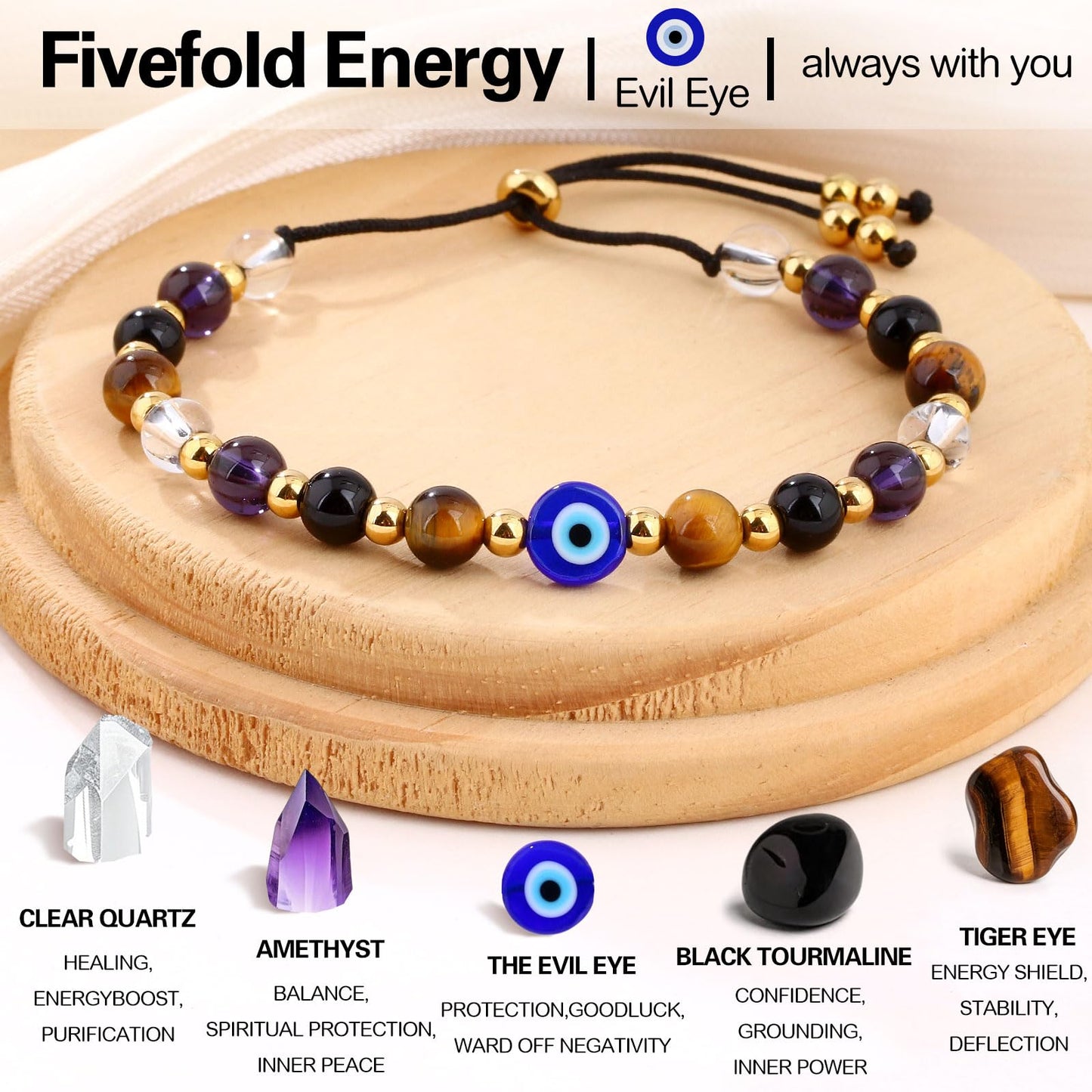 Cute Evil Eye Bracelet Red Black - Natural Crystal Protection Adjustable Spiritual Guardian Jewelry- 5 Healing Stones Clear Quartz Amethyst Black Tourmaline Tiger Eye Bracelet Adjustable (Blue Eye-Black Rope)