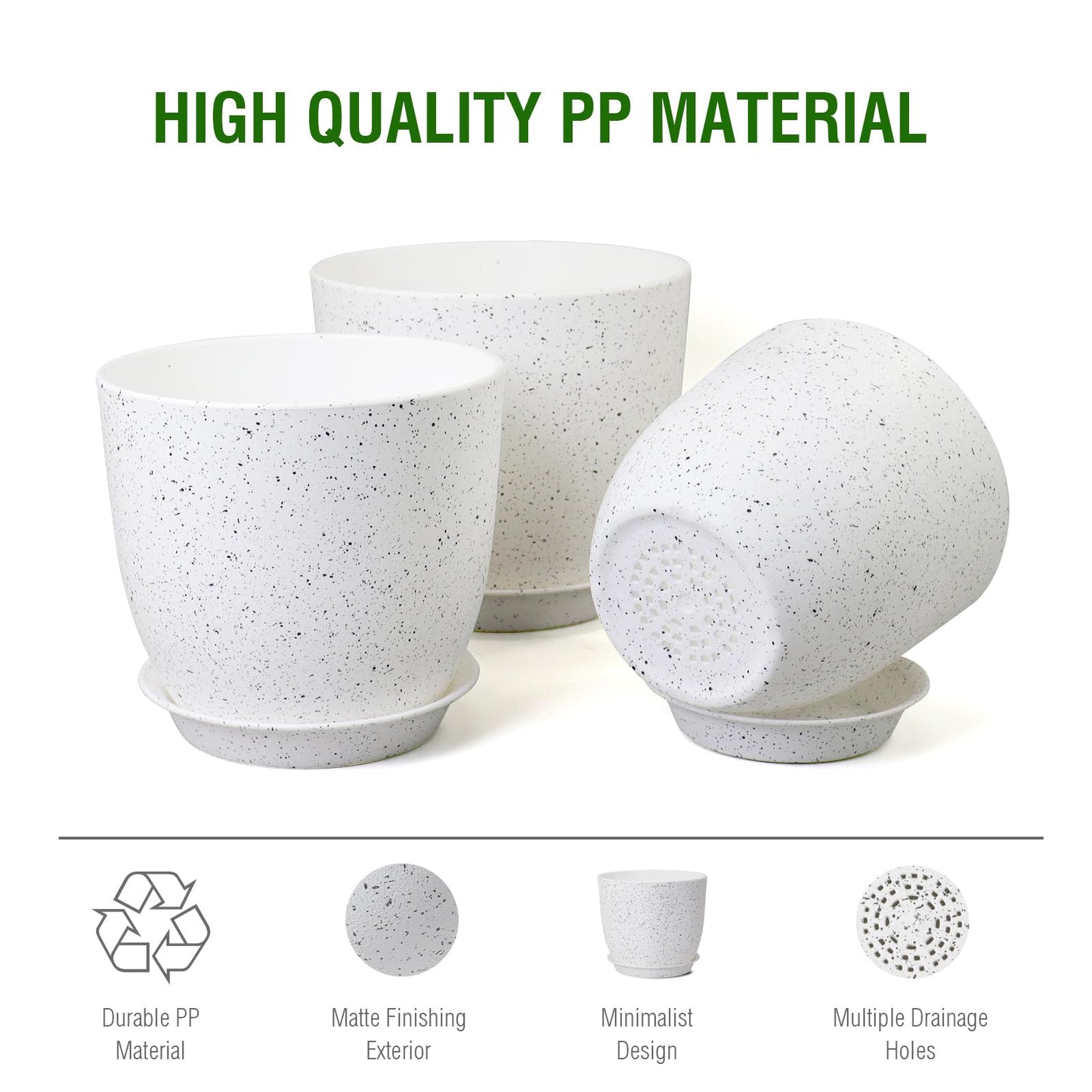 WSMKSZ 10/9/8 inch Medium Plant Pots, Set of 3 Modern Decorative Plastic Planters with Drainage Holes and Saucers for Garden House Plants, Flower Pots for Indoor Outdoor Plants, Speckled White