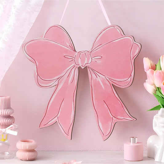 RattanView Pink Bow Wooden Hanging Sign Coquette Bow Wall Hanging Hanger Cute Preppy Wall Art Bowknot Welcome Door Sign Girly Decor for Girls Room College Dorm Apartment Indoor Outdoor Porch