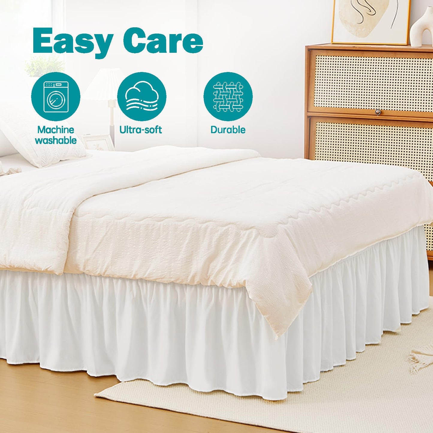 Vocander White Queen Size Bed Skirt 14 Inch Drop, Elastic Wrap Around Dust Ruffle Bed Skirting Easy to Install, Adjustable Tailored Bedskirts Fade & Wrinkle Resistant, Bedroom Decor