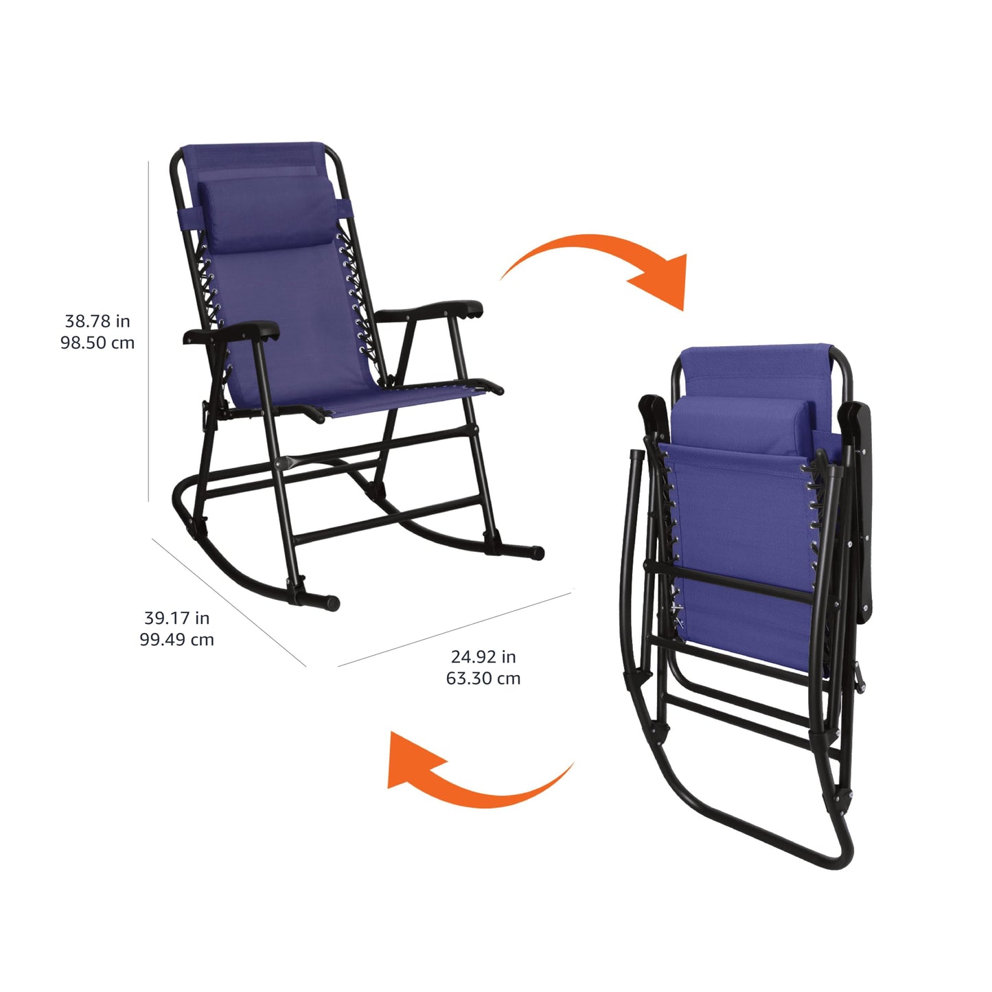Amazon Basics Outdoor Portable Folding Rocking Chair with Headrest, Ergonomic Design, Weather-resistant Textilene Fabric for Porch, Blue