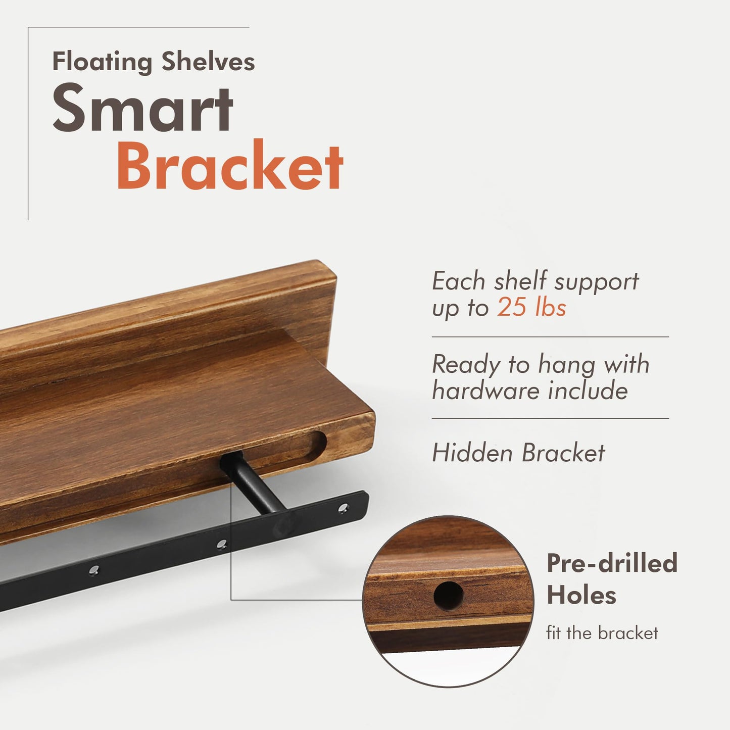 GRID FORTE Wood Floating Shelf Set of 2, 4.5D x 15W Inch Modern Reversible Wall Shelves, Minimalism Wall Mount Hardwood Shelves, Wall Decor for Bedroom Living Room Kitchen (Walnut)
