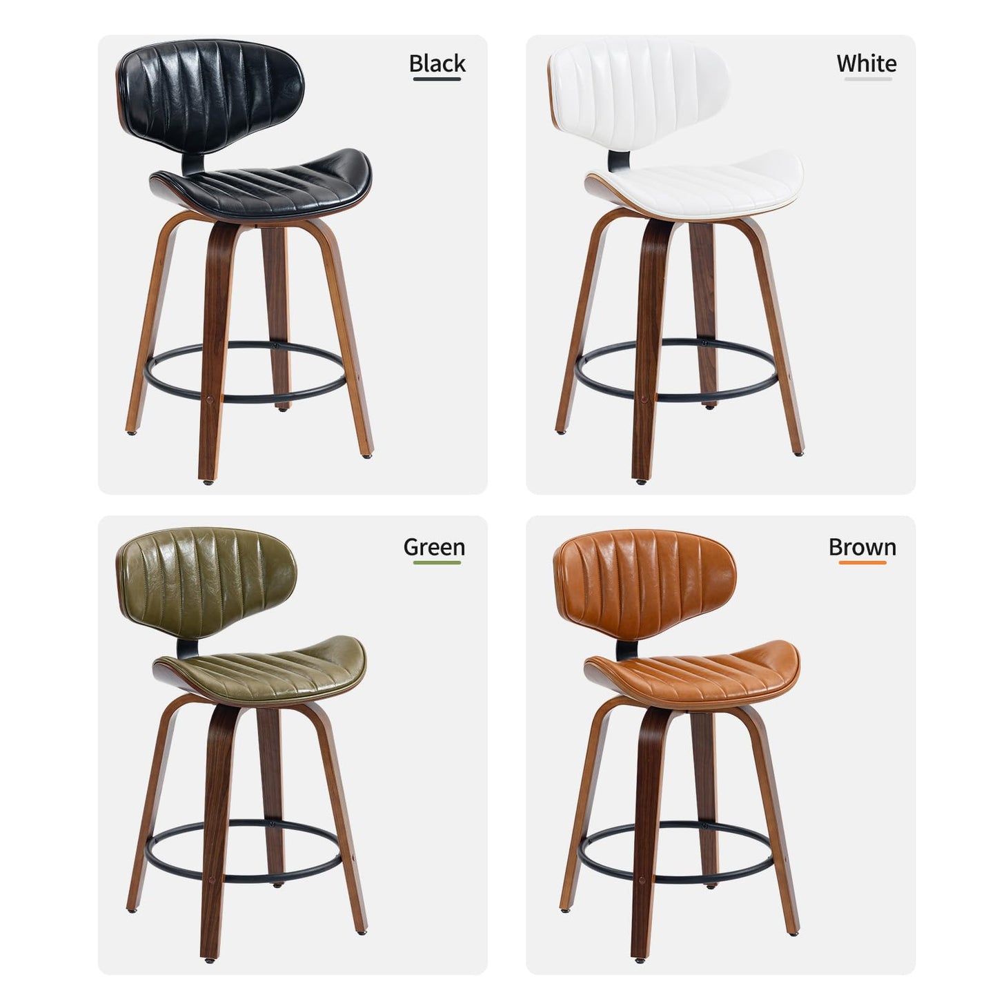CHIDOCHILO Counter Height Bar Stools Set of 2, 24 inch PU Leather Wooden Bentwood Barstools Swivel Modern Breakfast Bar Chairs with Backrest and Footrest for Kitchen Island, Dining Room D035-White-2