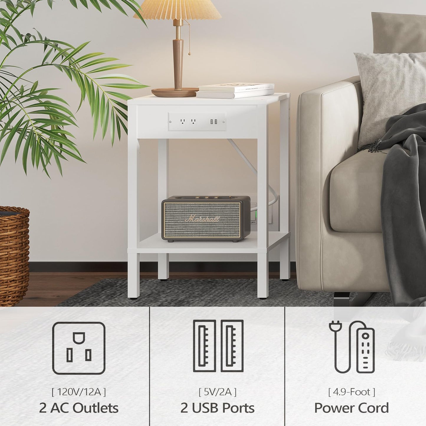 End Table with Charging Station, 2-Tier Nightstand with Storage Shelf,Modern Side Table,Bedside Table for Small Space in Living Room, Bedroom, Sofa Couch and Balcony, White MLBZ14WE
