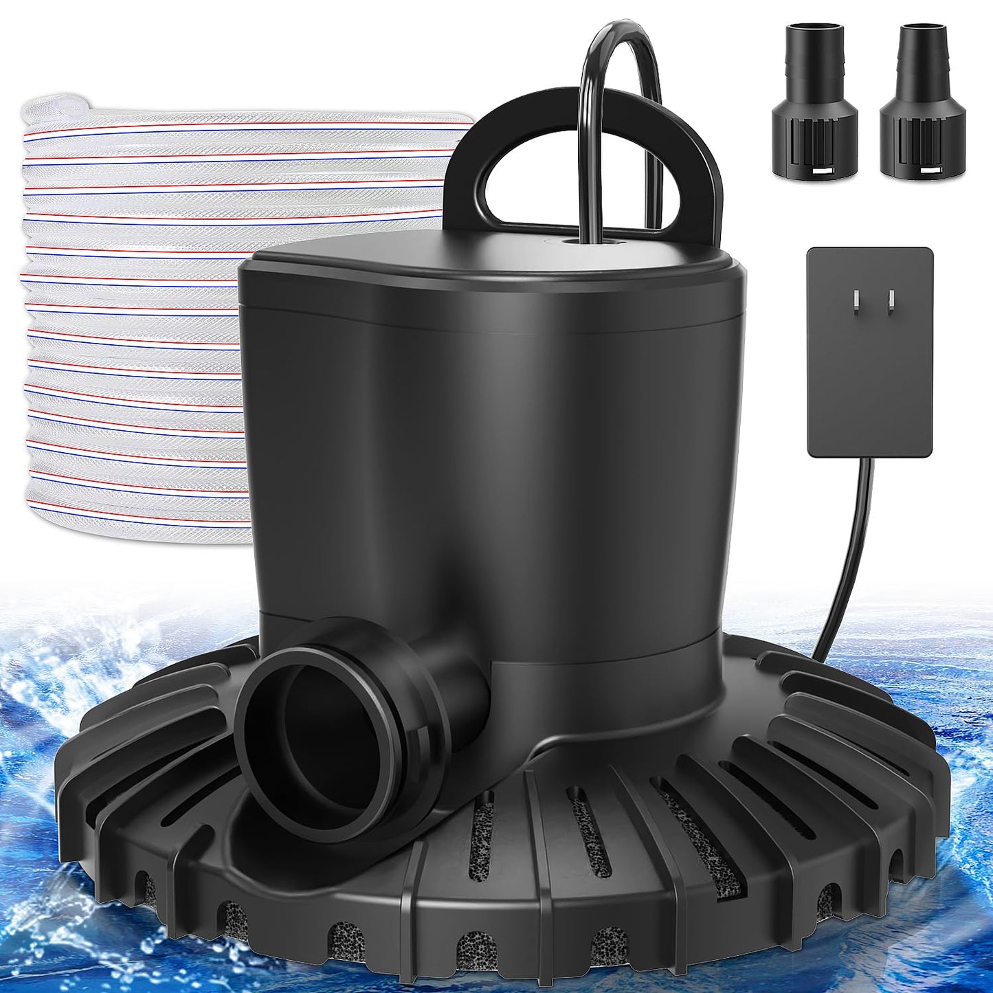 GAIZERL Pool Cover Pump, 3000L/H Automatic On Off Swimming Pool Cover Pump with 2 Garden Hose Adapters, 23ft Drainage Hose, and 49ft Power Cord, Submersible Water Pump for Pool, Tubs, and Water Beds