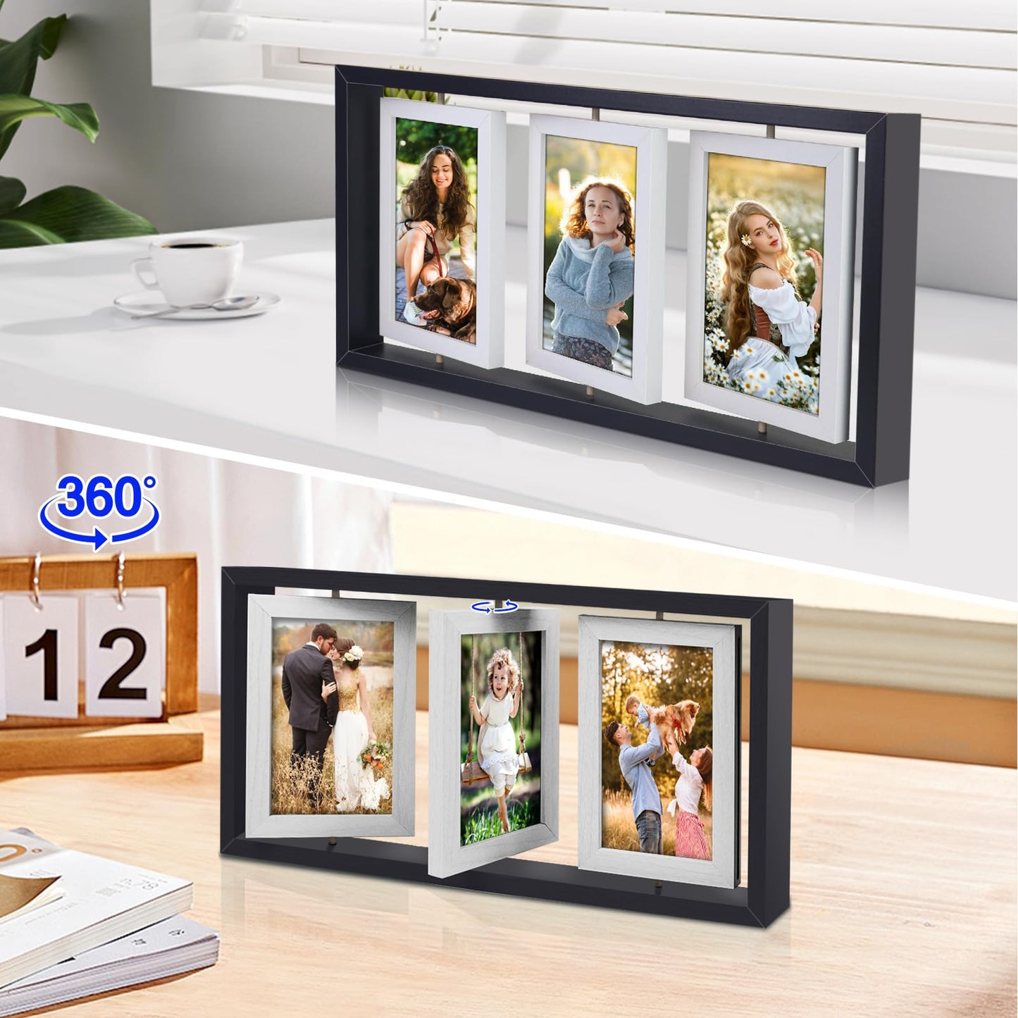 ZEEYUAN 4x6 Desk Picture Frame Rotating Double-Sided Picture Frame, 4x6 Tabletop Wooden Collage Family Pictures Frame for Office Desktop Home Decor, Holds 6 Photos, Black