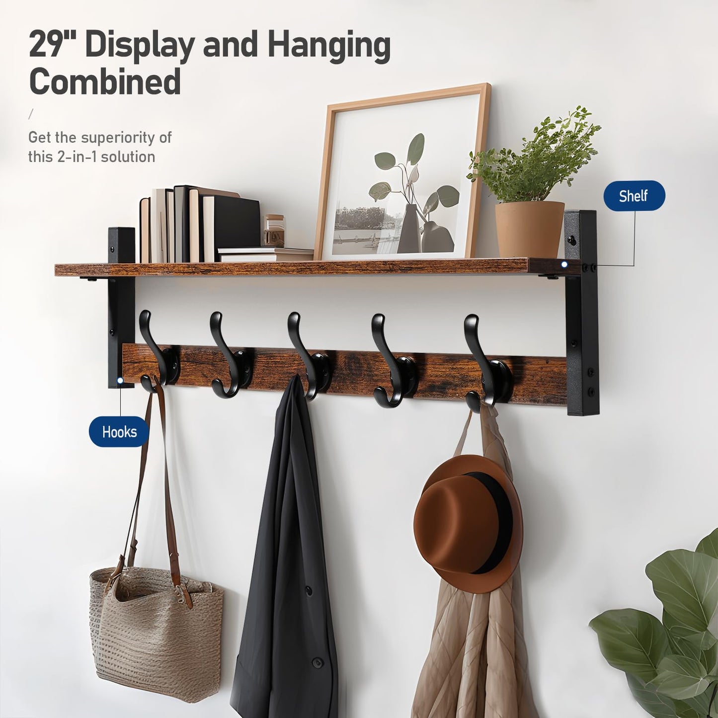 Tatub 29" Rustic Coat Rack Wall Mount with Shelf, Entryway Wall Hooks with Shelf, Coat Hangers for Bathroom, Living Room, Bedroom, Rustic Black