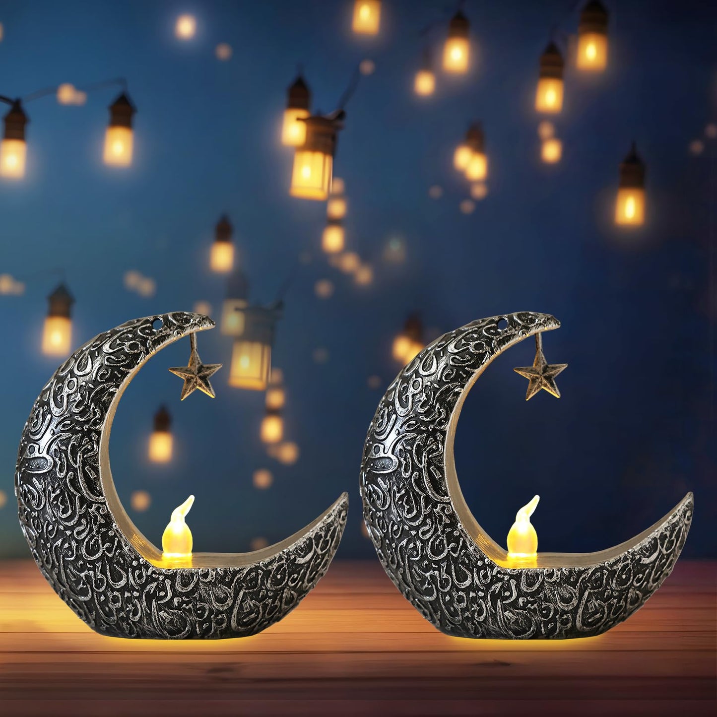 Hying 2 Pieces Ramadan Lanterns Decoration Eid-ul-fitr Table Lamp Eid Mubarak Flameless Candle Lanterns Ramadan Moon Star Lamp for Home Tabletop Decor-Sliver Black
