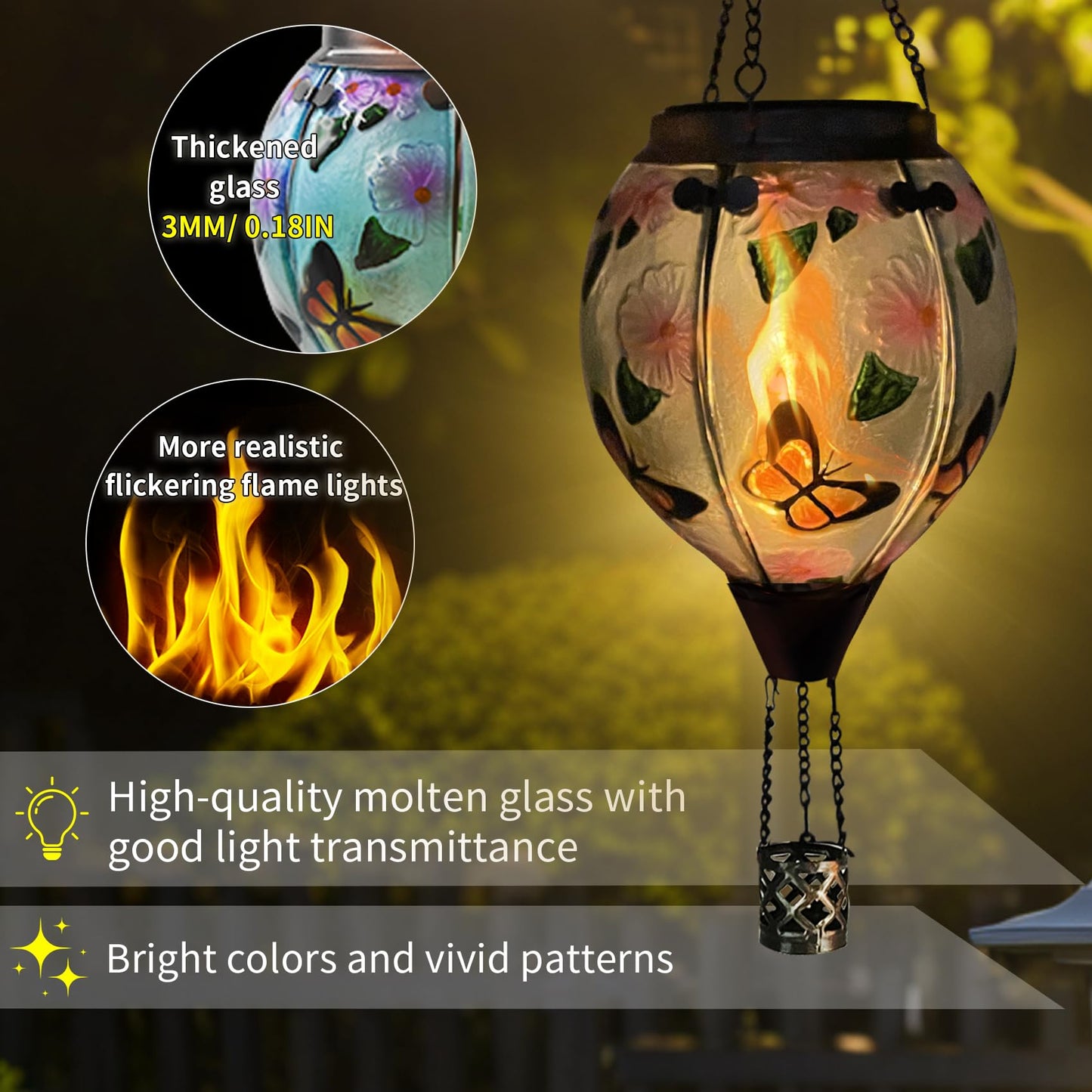 TEYIGARDEN Hot Air Balloon Solar Lantern with Flickering Flame, Glass Hanging Garden Lights Outdoor Waterproof for Tree Yard Patio Mother's Day Gift, 18" H Butterfly