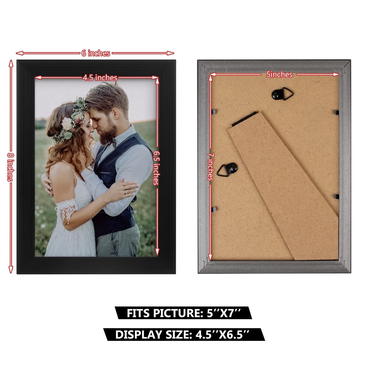 PECULA 2 Pack 5x7 Picture Frame, Black Picture Frame for Wall and Tabletop Display, Resistant Plastic Photo with Clear Plexiglass for Vertical or Horizontal Display