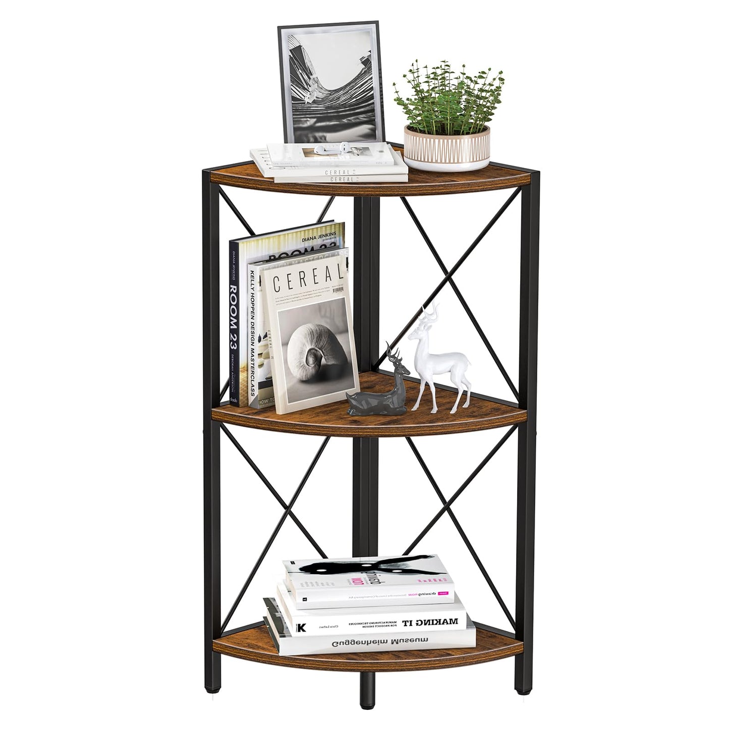 Snughome Corner Shelf with Metal Frame, 3 Tier Rustic Corner Storage Organizer, Freestanding Corner Bookshelf Stand Display Rack for Kitchen, Living Room