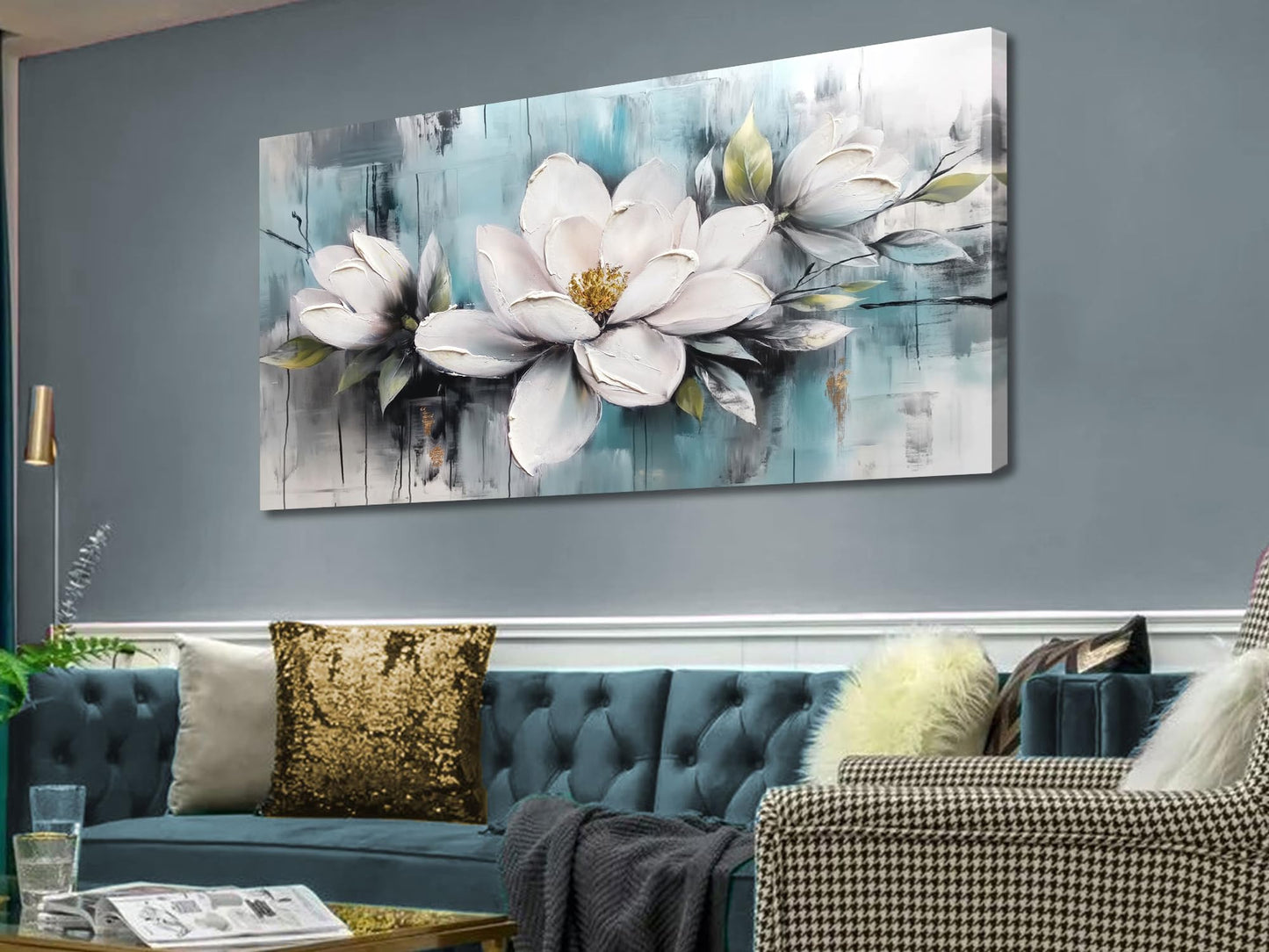 Ardemy Magnolia Wall Art for Living Room, Teal Large White Floral Canvas Wall Art Bedroom Painting Textured Picture Wall Decor Flower Artwork for Wall Decor Home Office Dining Room 40"x20"