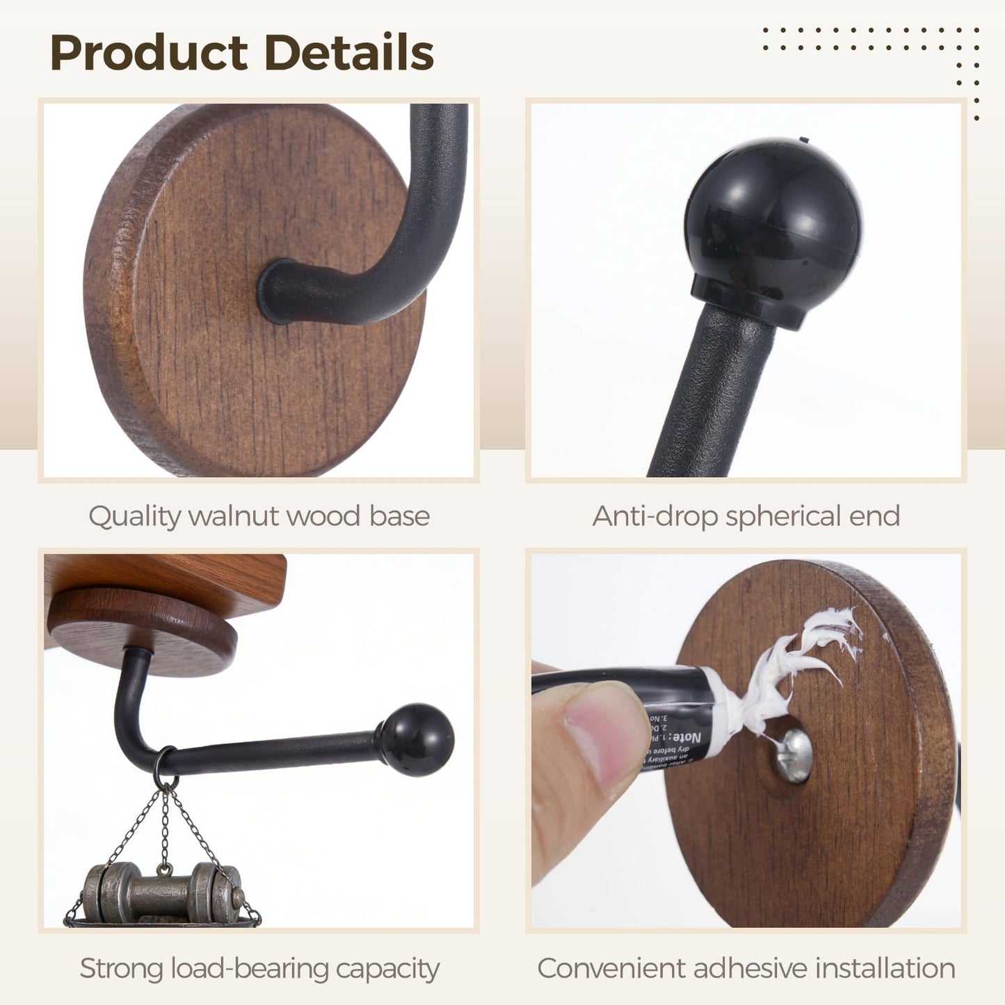 4 Pcs Walnut Wood Wall Hooks, Including 2 T-Shaped Hooks & 2 J-Shaped Holders, No-Drill Adhesive Curtain Holdbacks with Solid Wood Base for Coats, Hats, Keys & Hair Ties (Black)