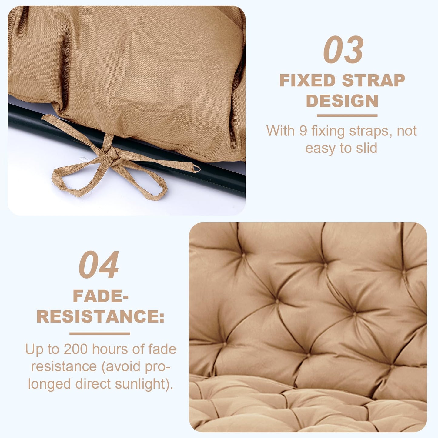 EverPine Outdoor Swing Cushion Replacement Patio Bench Cushion Waterproof Thick Seat Pad for Porch Swing Daybed Garden Sofa Furniture (Khaki)