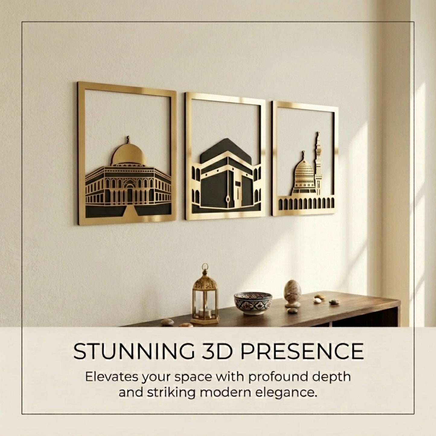 iwa concept Masjid Al Aqsa, Kaaba & Masjid An-Nabawi Islamic Wall Art, Wooden Blessed Places Islamic Wall Decor, Gift for Muslims at Ramadan Eid (Small, Gold | All Three)