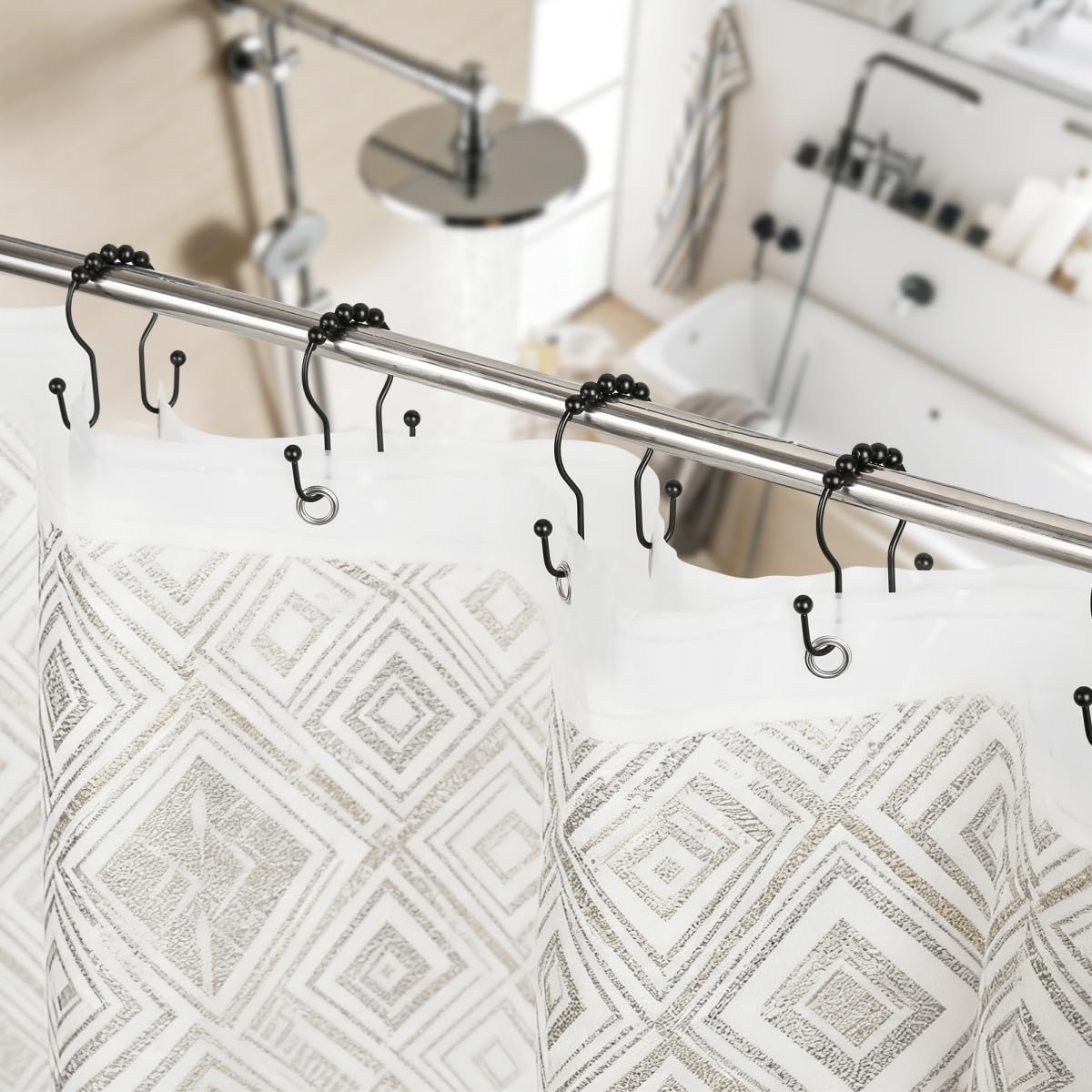Resze Shower Curtain Hooks, Sturdy Metal Black Shower Curtain Rings, Glide Roller Double Shower Hooks, Rust Proof Anti-Drop Curtain Hooks, 12 Pcs Smooth Sliding Rings for Bathroom Shower Rods Curtains