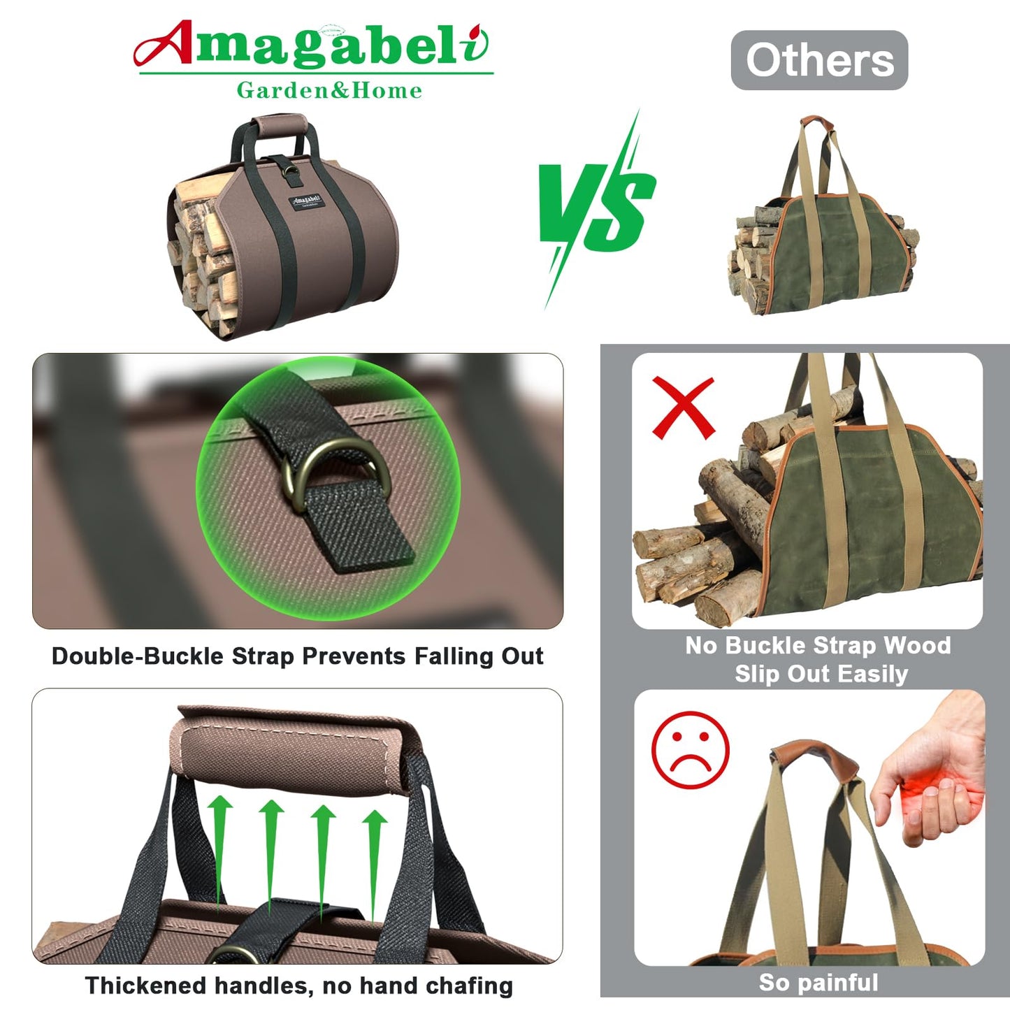 AMAGABELI GARDEN & HOME Firewood Carrier Waxed Canvas Firewood Bag Heavy Duty Large Fireplace Carrier Durable Log Tote Fire Wood Carring Bag with Handle Wood Sling Holder Stove Accessories Dark Brown